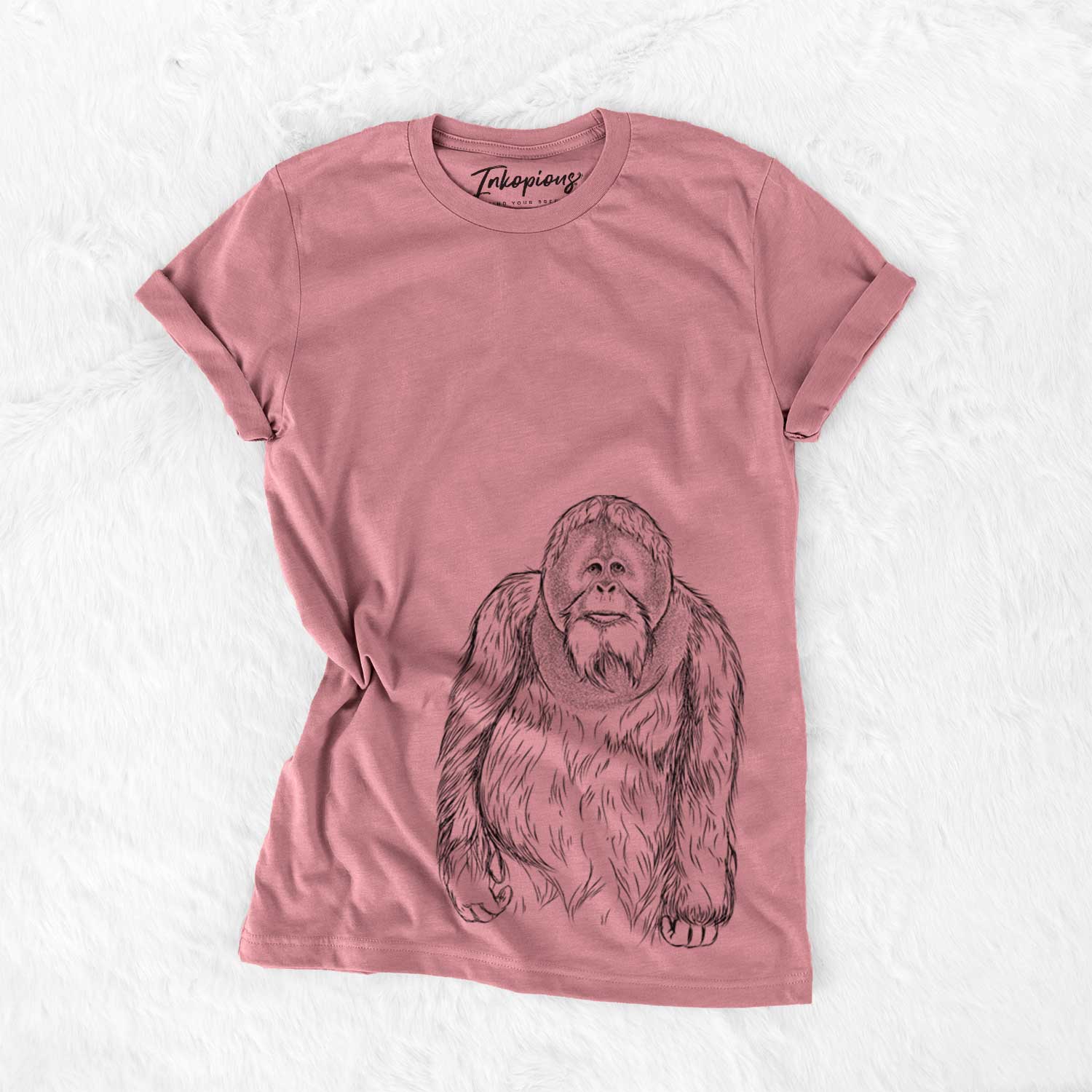 Hand-drawn sketch of Horace the Male Orangutan on a Mauve Bella Canvas Unisex Crewneck