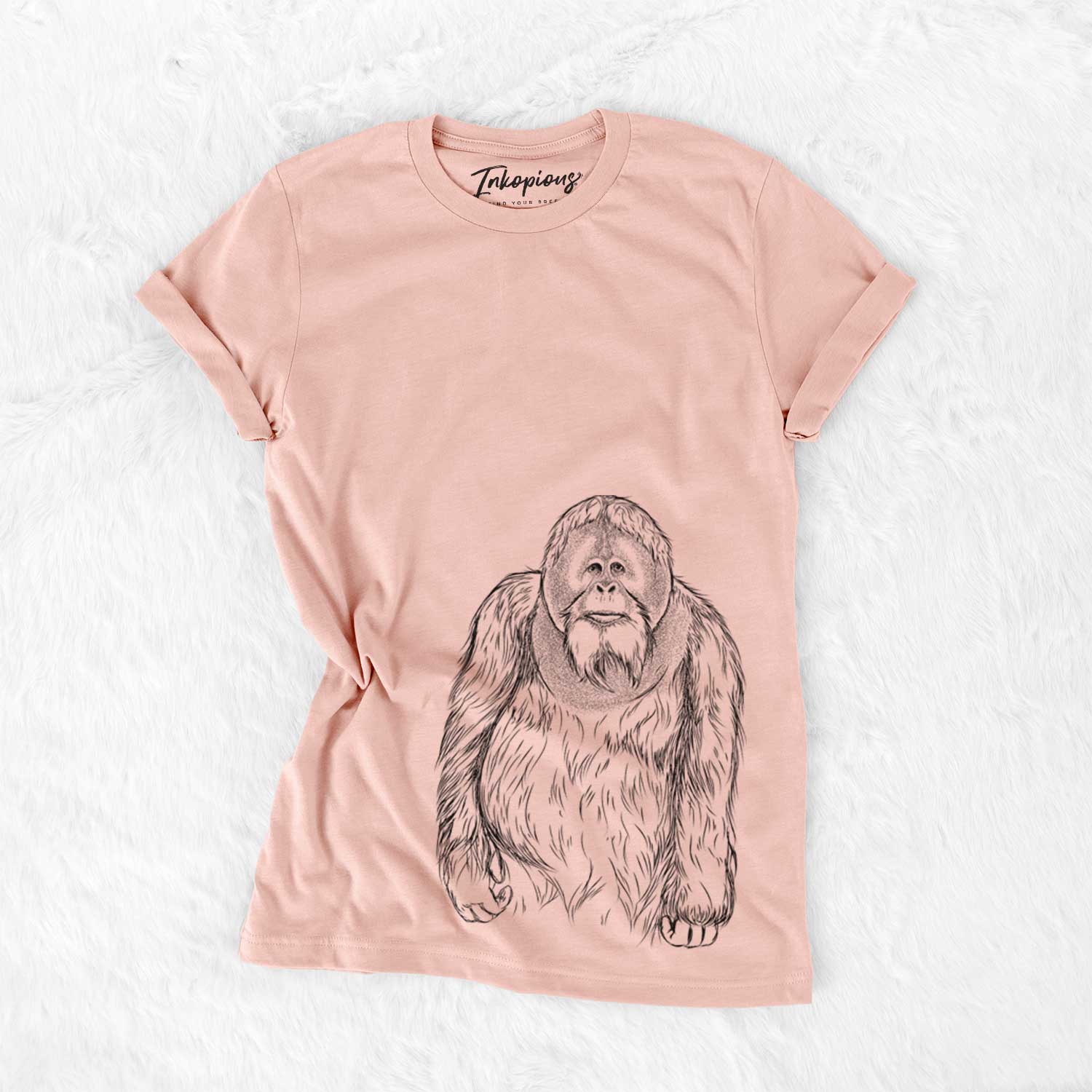 Hand-drawn sketch of Horace the Male Orangutan on a Peach Bella Canvas Unisex Crewneck