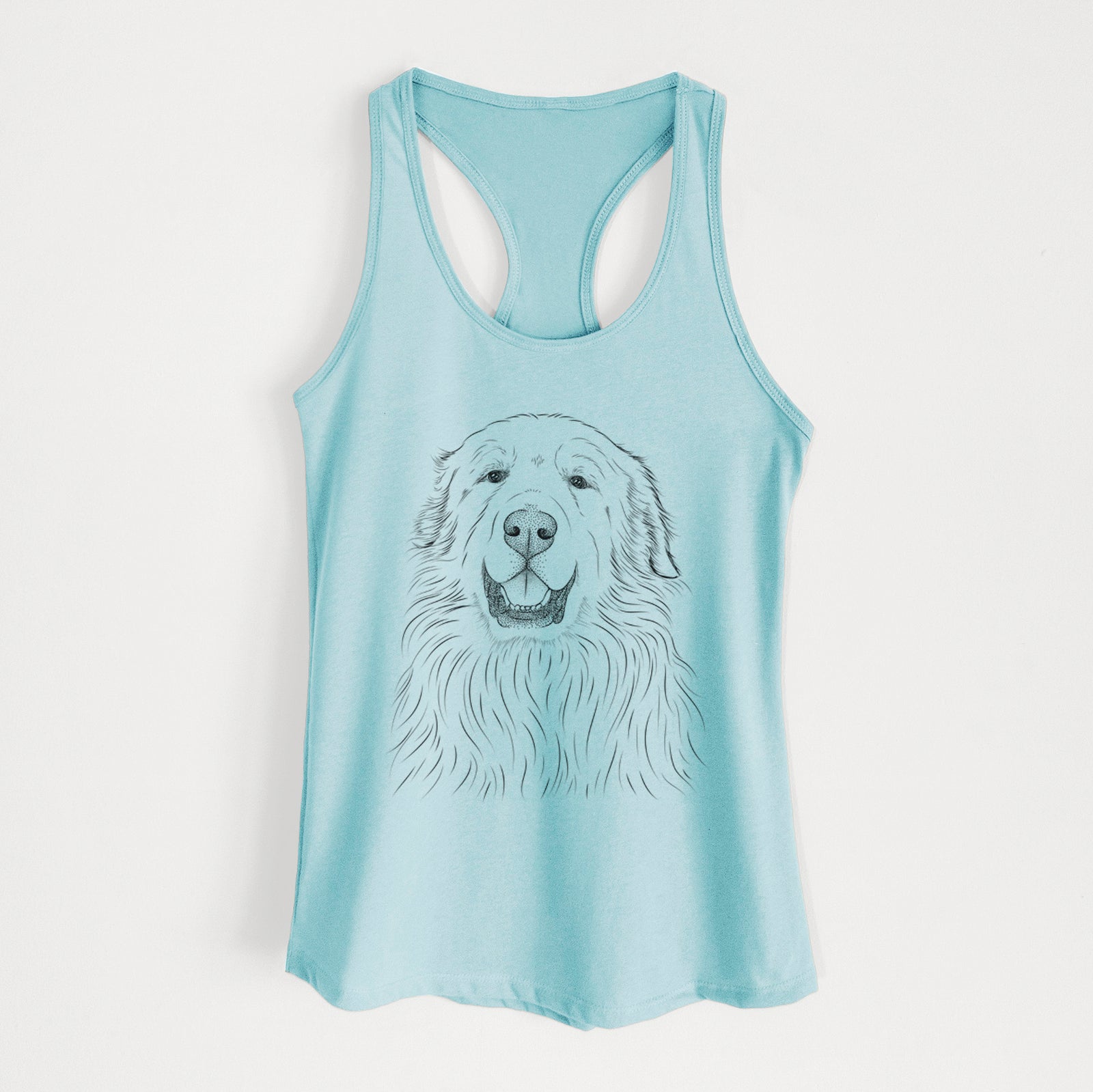 Hand-drawn sketch of Horton the Great Pyrenees on a Cancun Blue Women's racerback tanktop