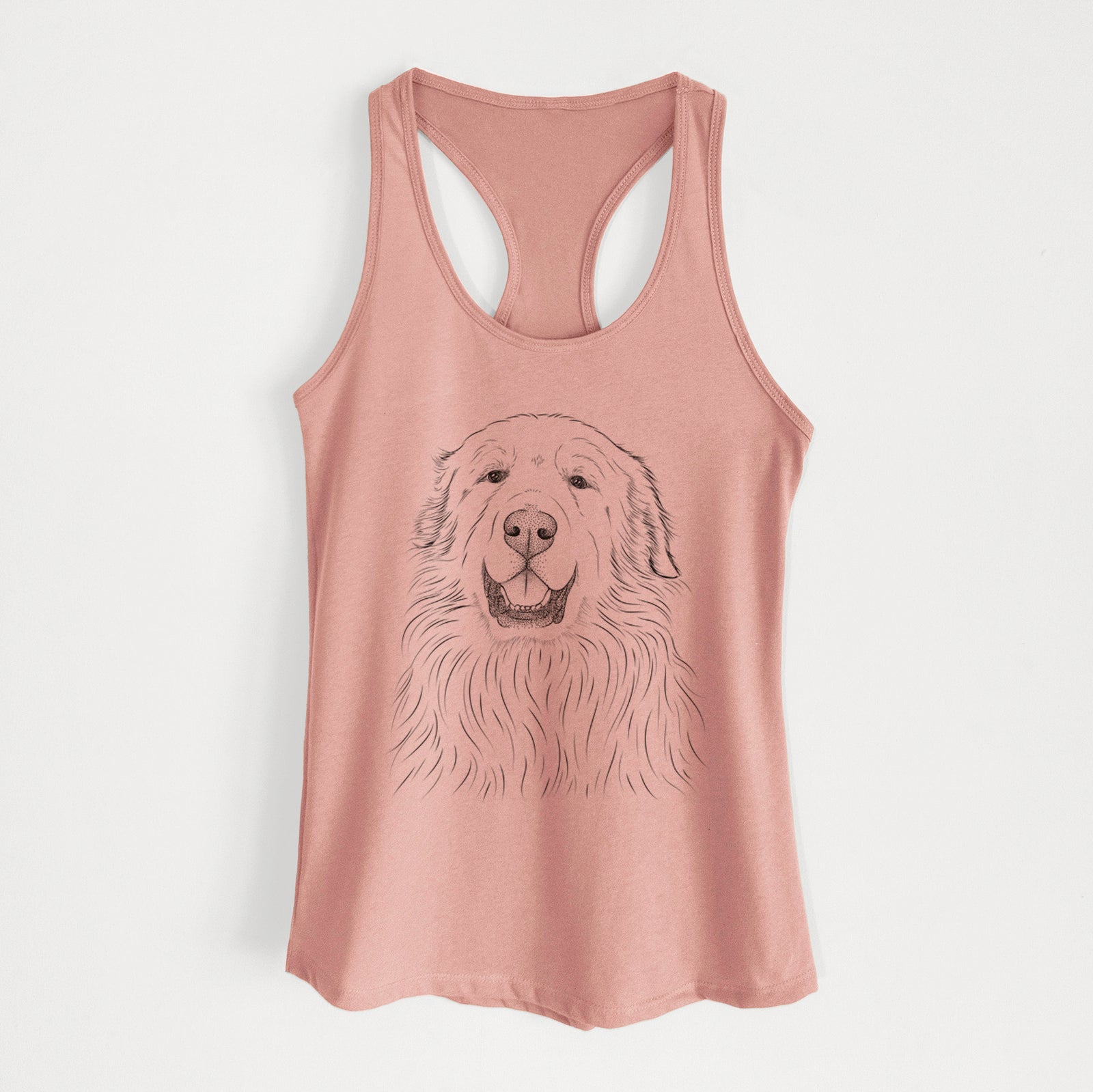 Hand-drawn sketch of Horton the Great Pyrenees on a Desert Pink Women's racerback tanktop