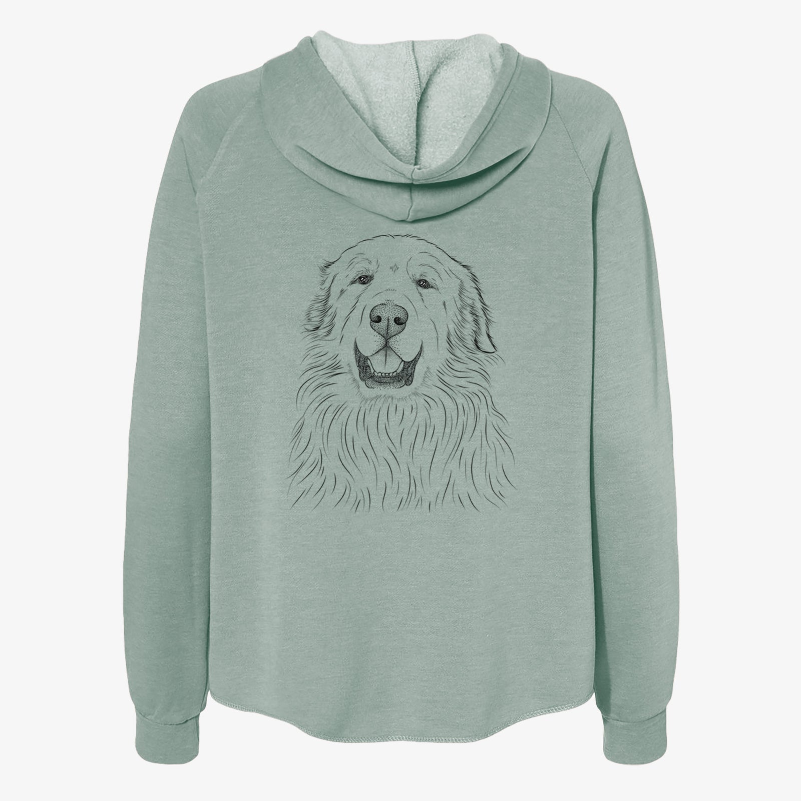 Hand-drawn sketch of Horton the Great Pyrenees on a Sage Women's cali wave zip-up sweatshirt