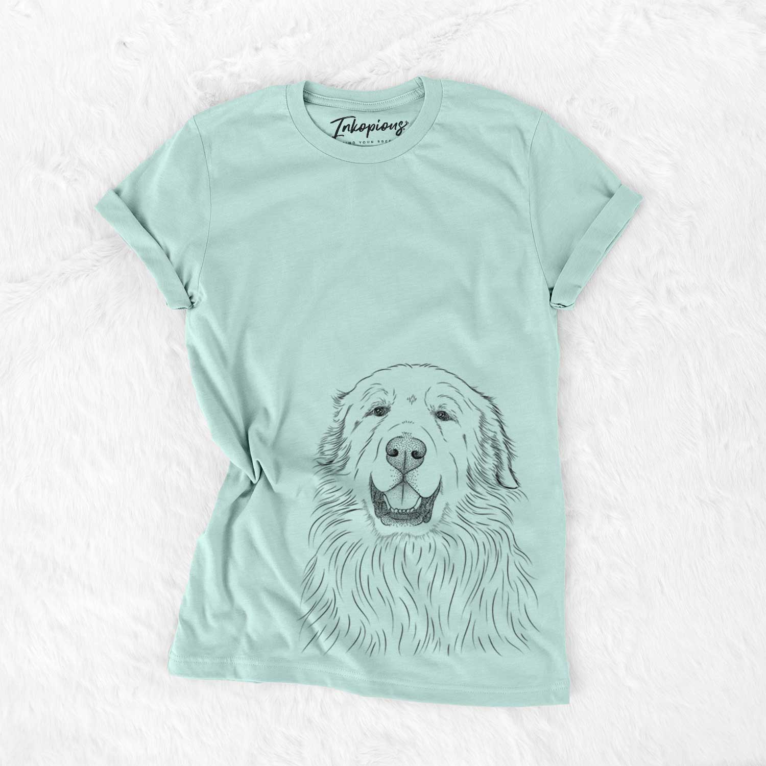 Hand-drawn sketch of Horton the Great Pyrenees on a Heather Sage Unisex crewneck