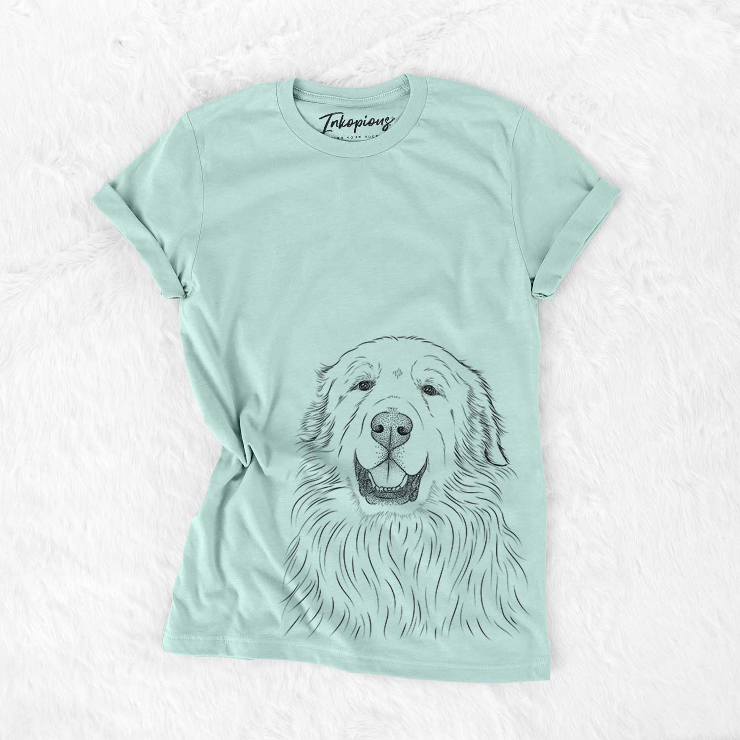 Hand-drawn sketch of Horton the Great Pyrenees on a Heather Sage Bella Canvas Unisex Crewneck