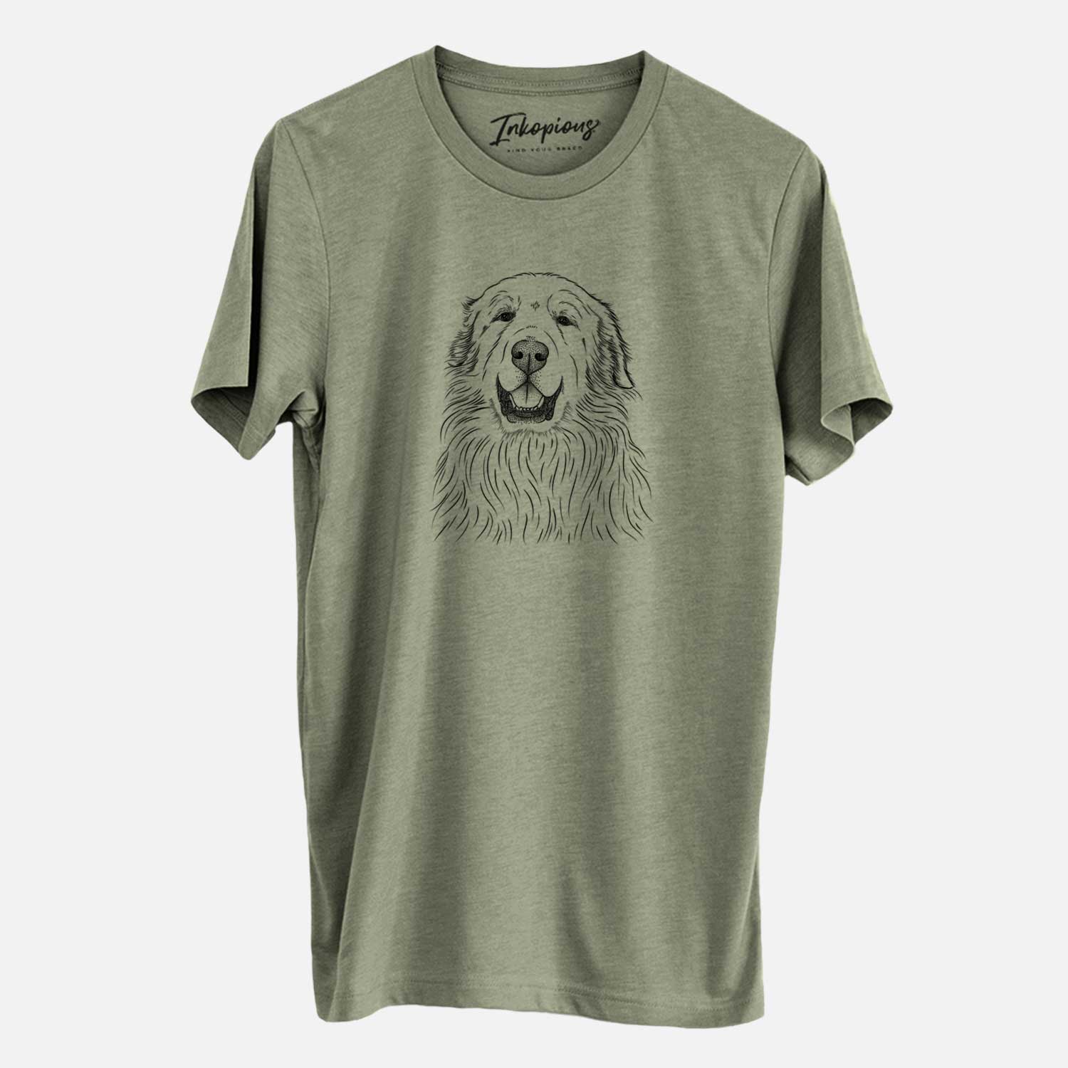 Hand-drawn sketch of Horton the Great Pyrenees on an Olive Unisex crewneck
