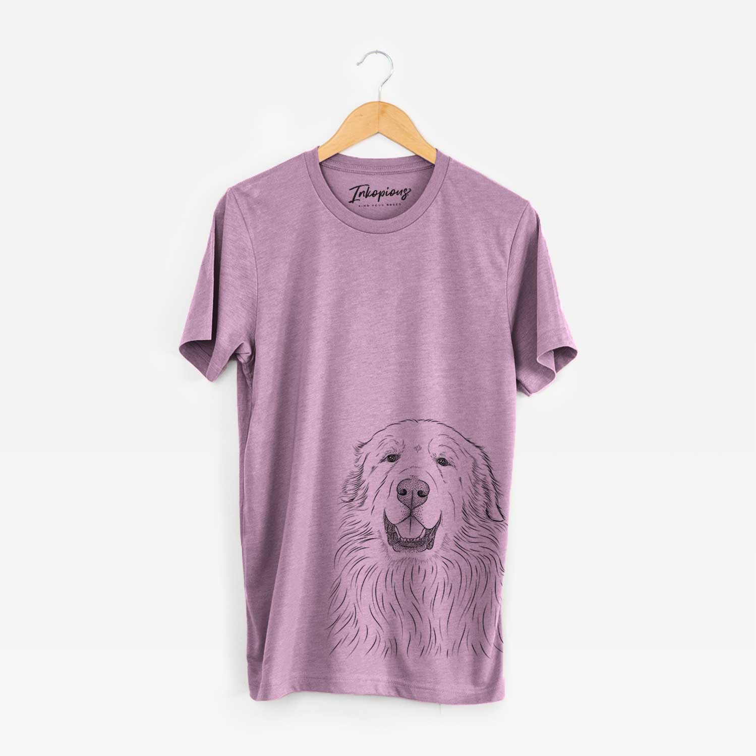 Hand-drawn sketch of Horton the Great Pyrenees on an Orchid Bella Canvas Unisex Crewneck