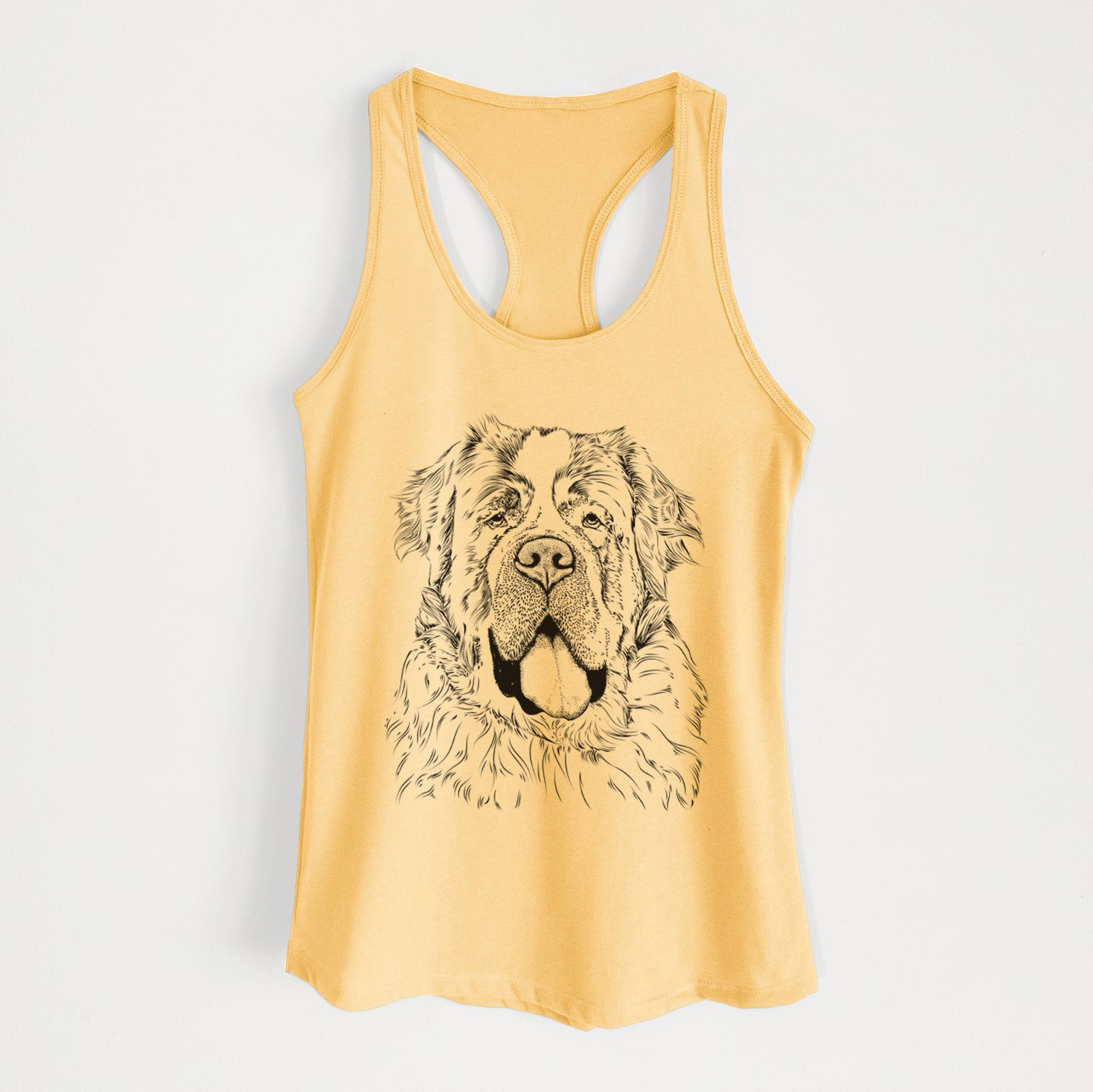 Hand-drawn sketch of Hoss the Saint Bernard on a Banana Cream Women's racerback tanktop