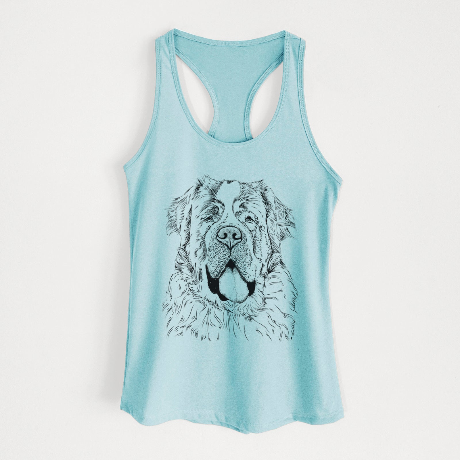 Hand-drawn sketch of Hoss the Saint Bernard on a Cancun Blue Women's racerback tanktop