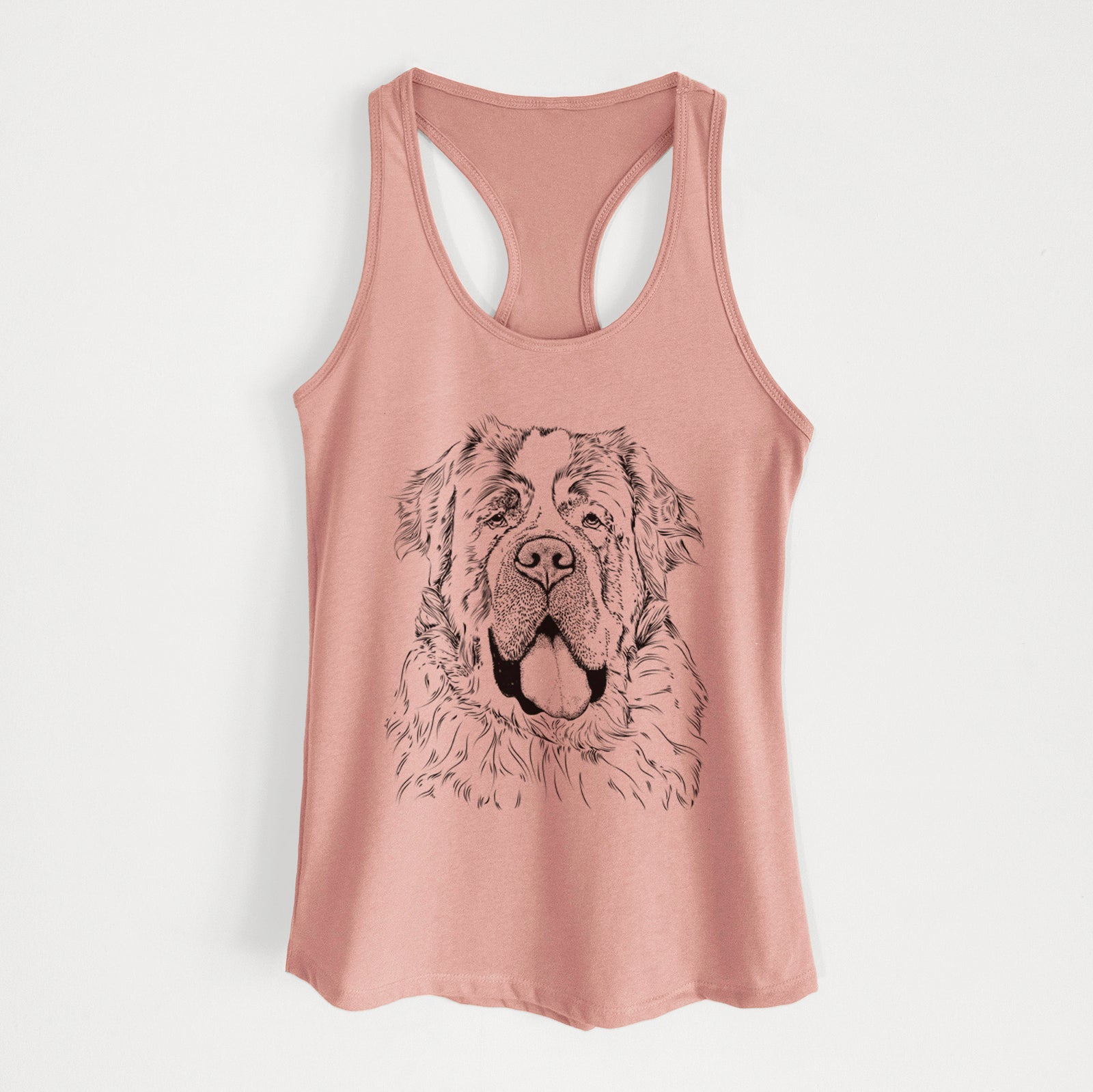 Hand-drawn sketch of Hoss the Saint Bernard on a Desert Pink Women's racerback tanktop