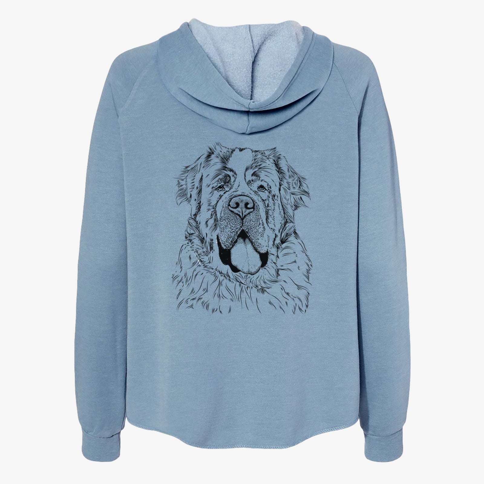 Hand-drawn sketch of Hoss the Saint Bernard on a Misty Blue Women's cali wave zip-up sweatshirt
