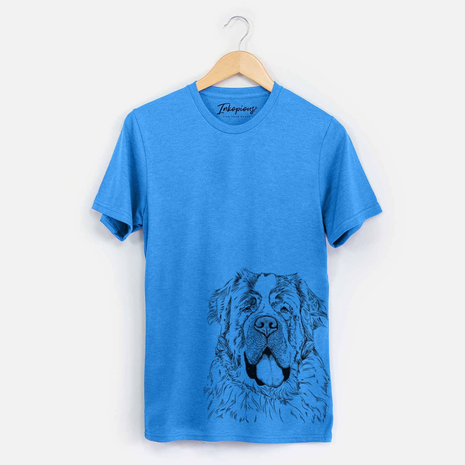 Hand-drawn sketch of Hoss the Saint Bernard on a Blue Unisex crewneck