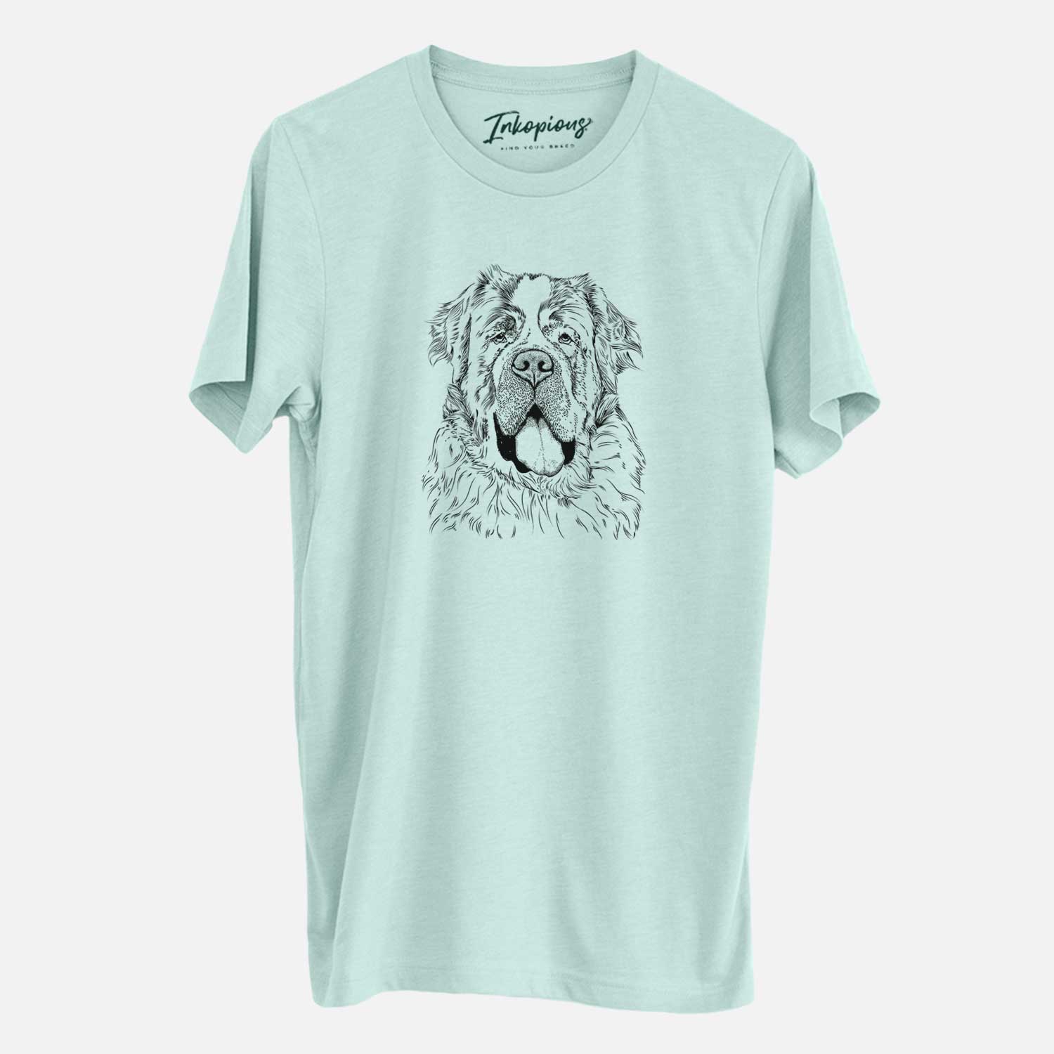 Hand-drawn sketch of Hoss the Saint Bernard on a Heather Sage Unisex crewneck