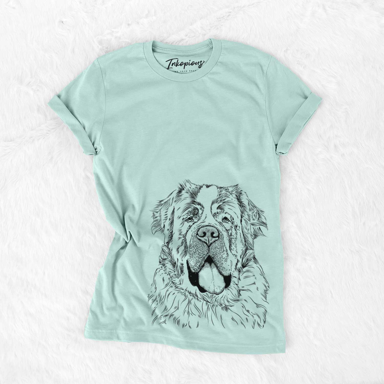 Hand-drawn sketch of Hoss the Saint Bernard on a Heather Sage Unisex crewneck
