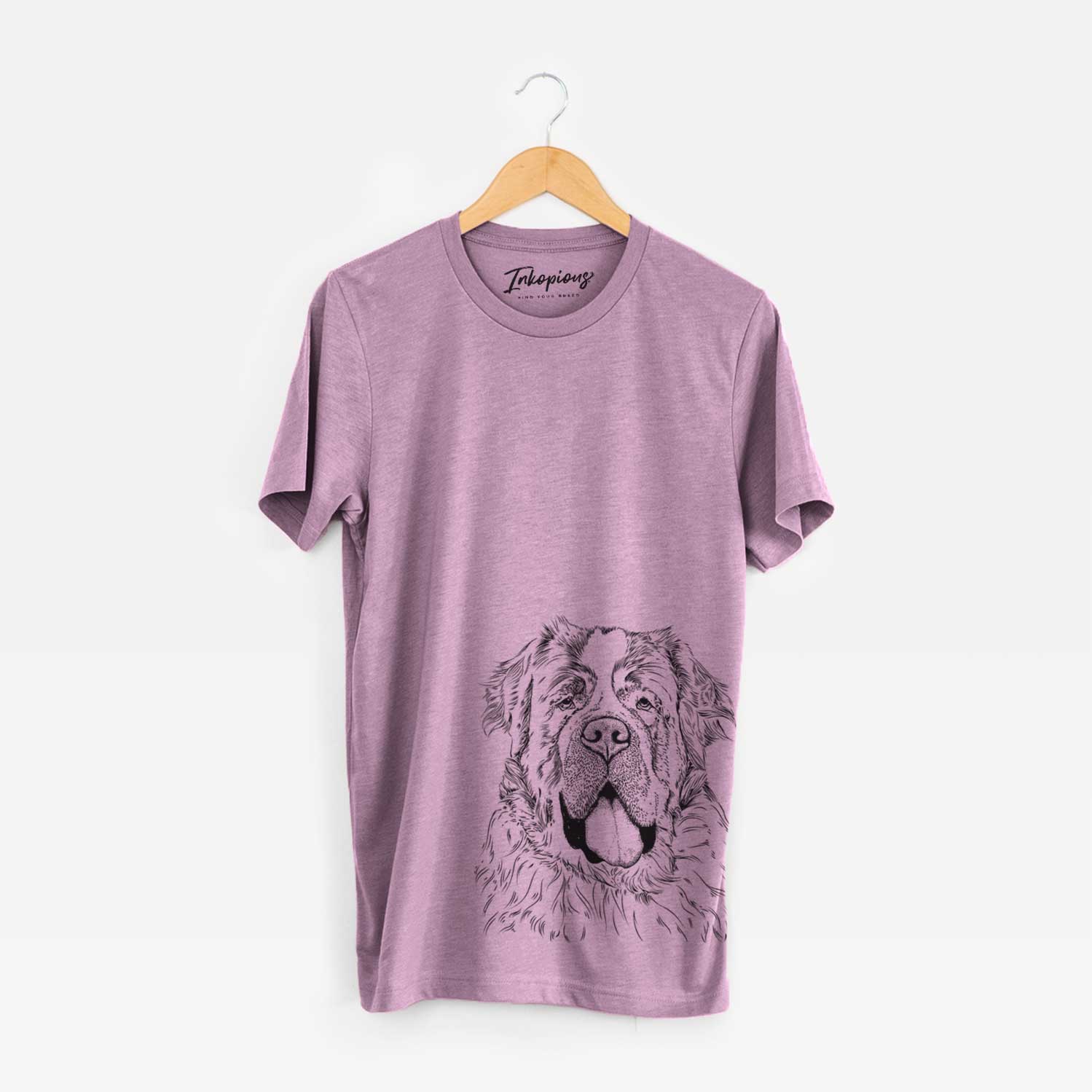 Hand-drawn sketch of Hoss the Saint Bernard on an Orchid Unisex crewneck