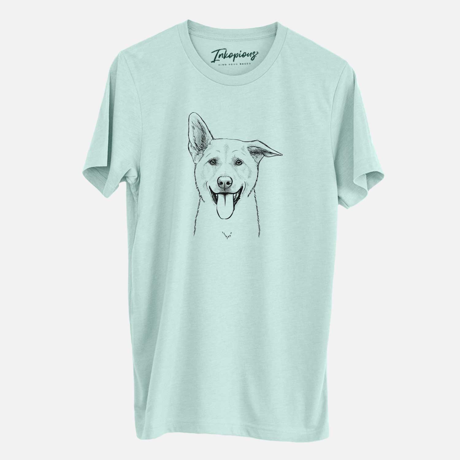 Hand-drawn sketch of Hoya the Korean Jindo on a Heather Sage Unisex crewneck