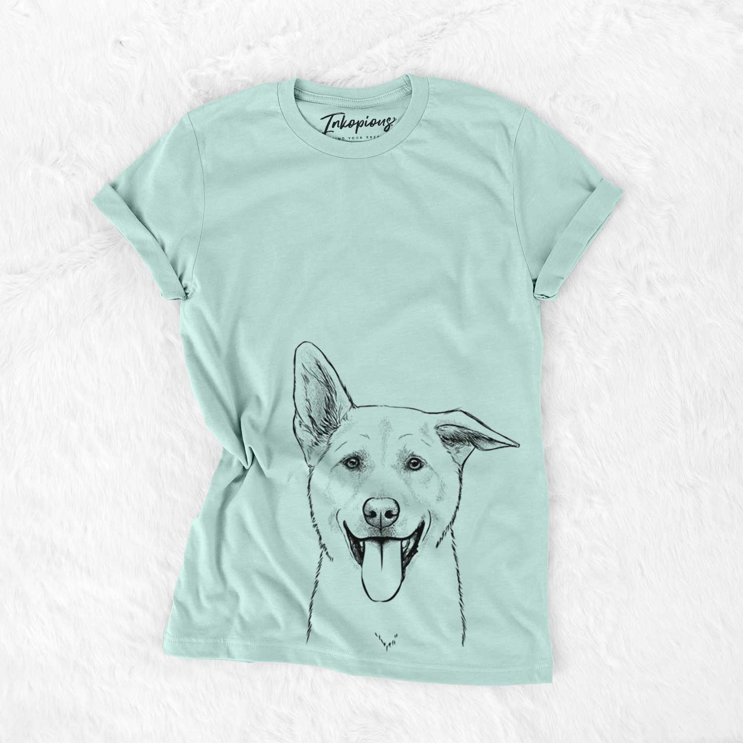 Hand-drawn sketch of Hoya the Korean Jindo on a Heather Sage Unisex crewneck