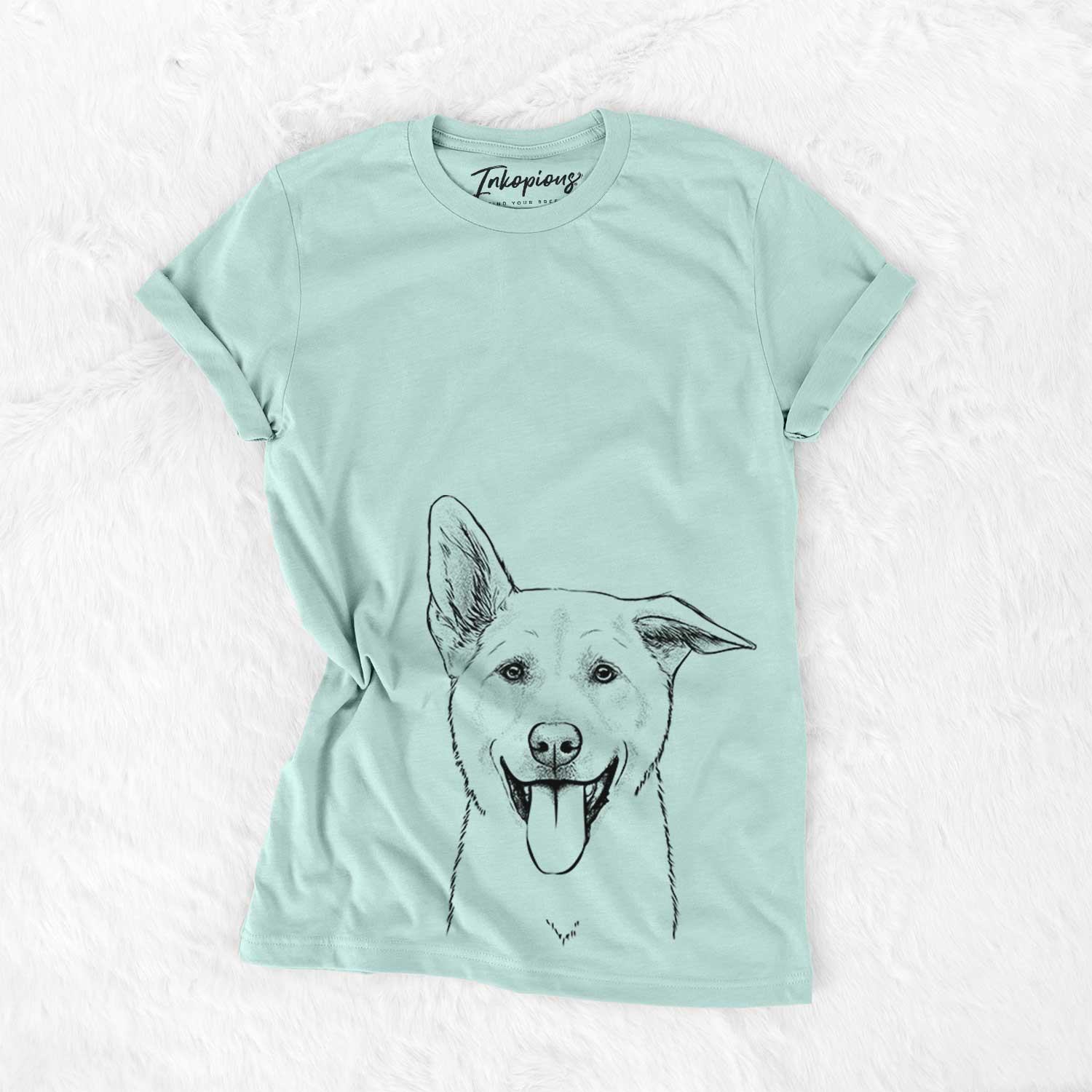 Hand-drawn sketch of Hoya the Korean Jindo on a Heather Sage Bella Canvas Unisex Crewneck