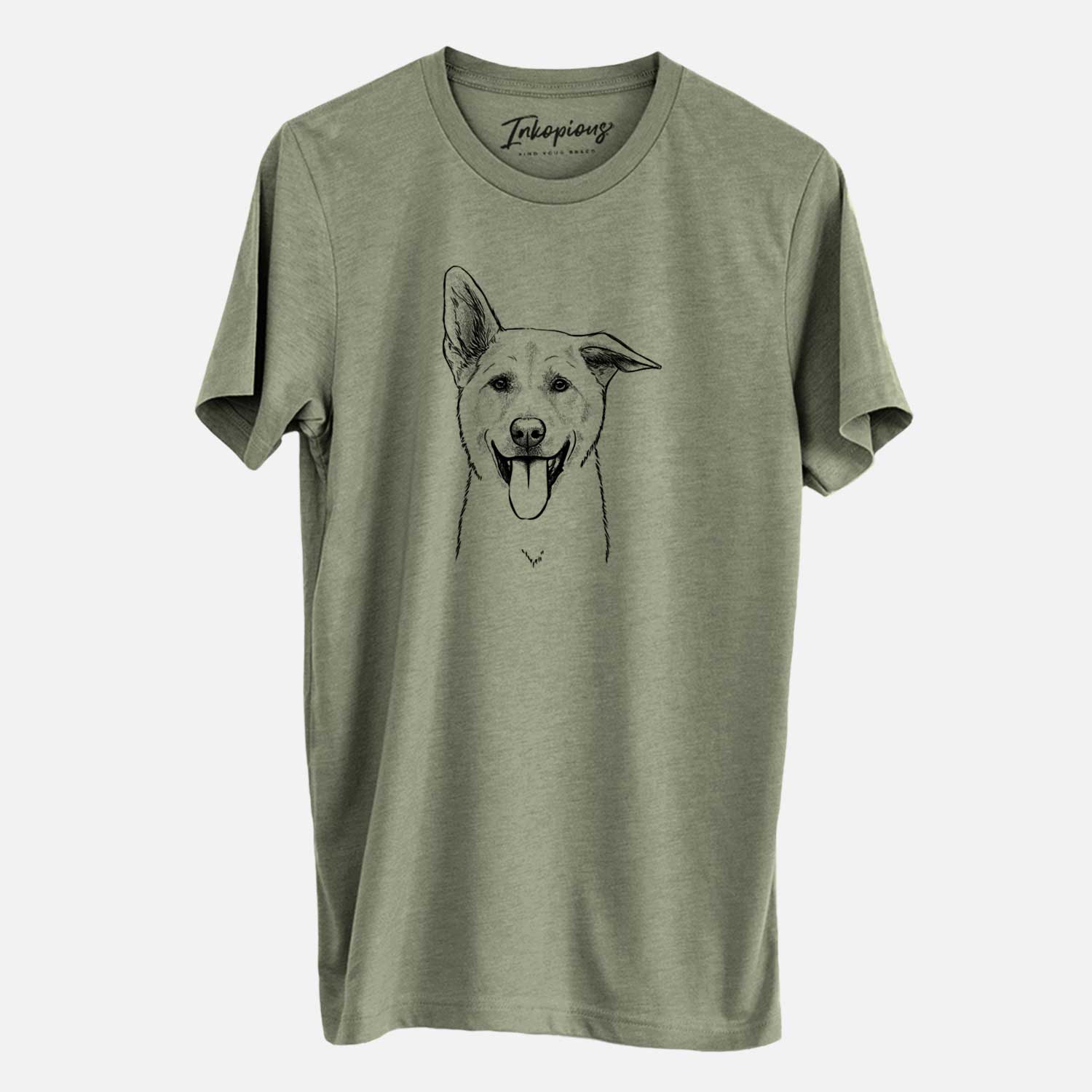Hand-drawn sketch of Hoya the Korean Jindo on an Olive Unisex crewneck