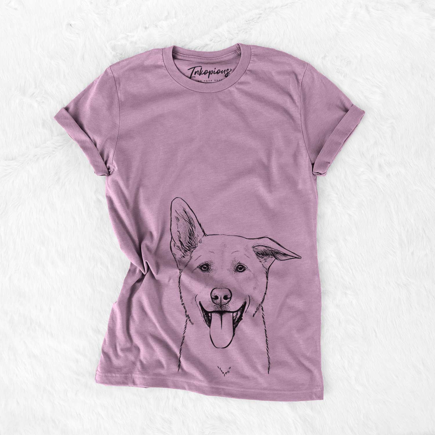 Hand-drawn sketch of Hoya the Korean Jindo on an Orchid Bella Canvas Unisex Crewneck