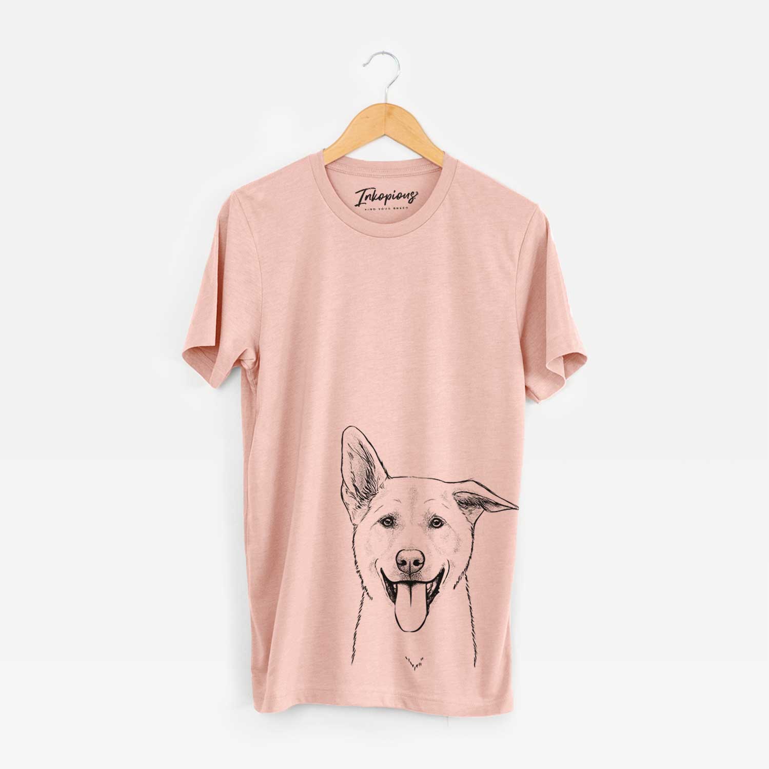 Hand-drawn sketch of Hoya the Korean Jindo on a Peach Bella Canvas Unisex Crewneck