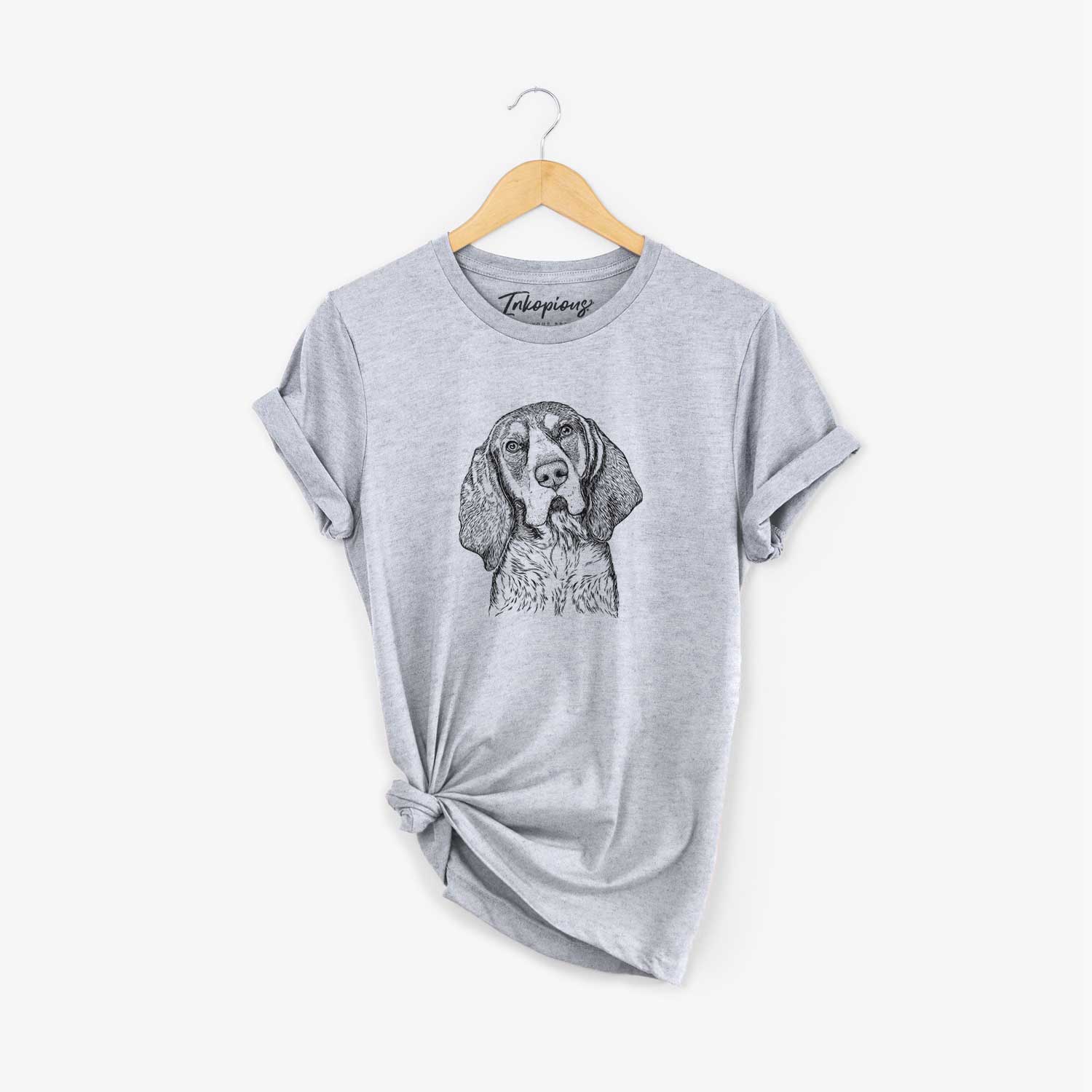 Hand-drawn sketch of Huck the Bluetick Coonhound on a Grey Unisex crewneck