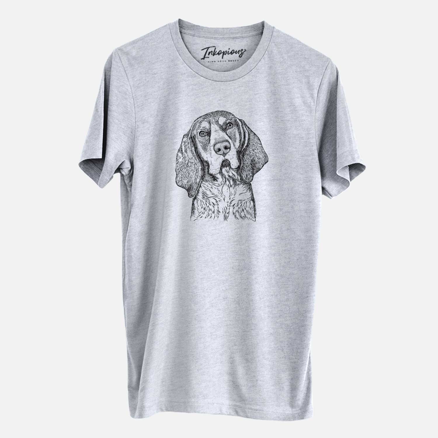 Hand-drawn sketch of Huck the Bluetick Coonhound on a Grey Unisex crewneck