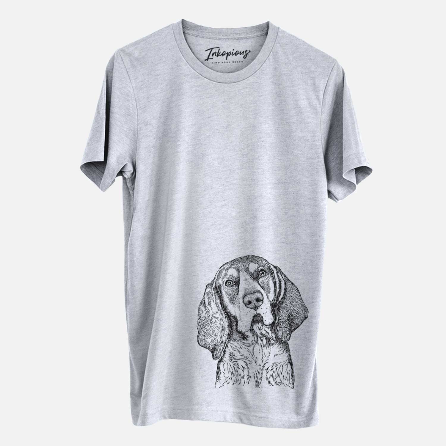 Hand-drawn sketch of Huck the Bluetick Coonhound on a Grey Unisex crewneck