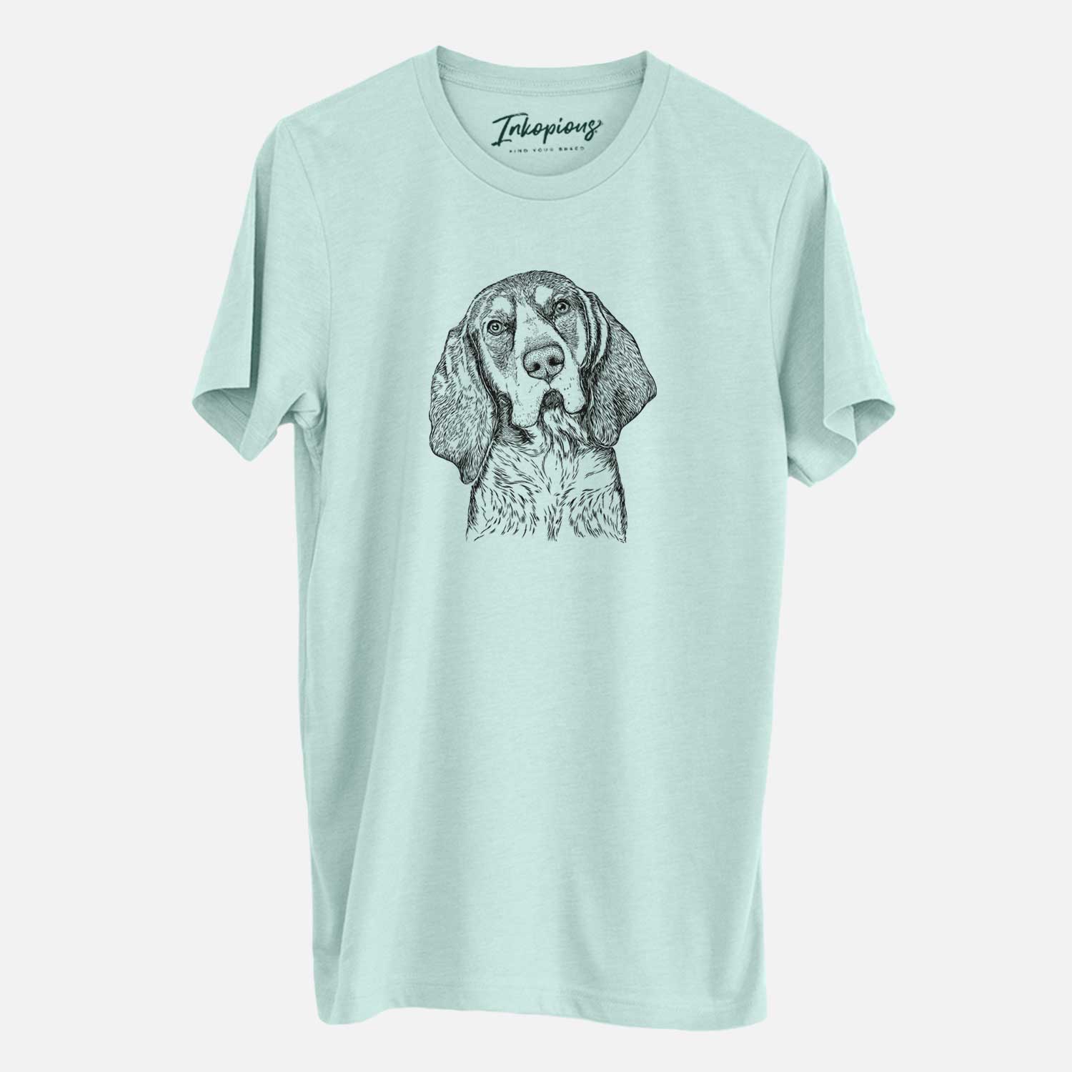 Hand-drawn sketch of Huck the Bluetick Coonhound on a Heather Sage Unisex crewneck