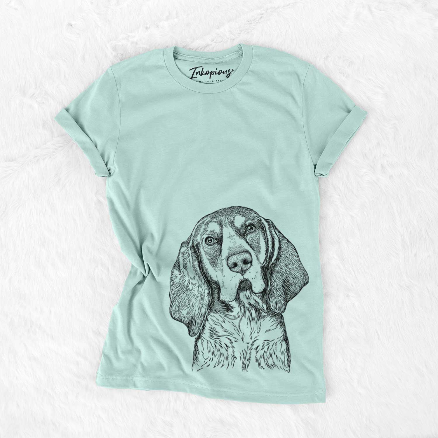 Hand-drawn sketch of Huck the Bluetick Coonhound on a Heather Sage Unisex crewneck