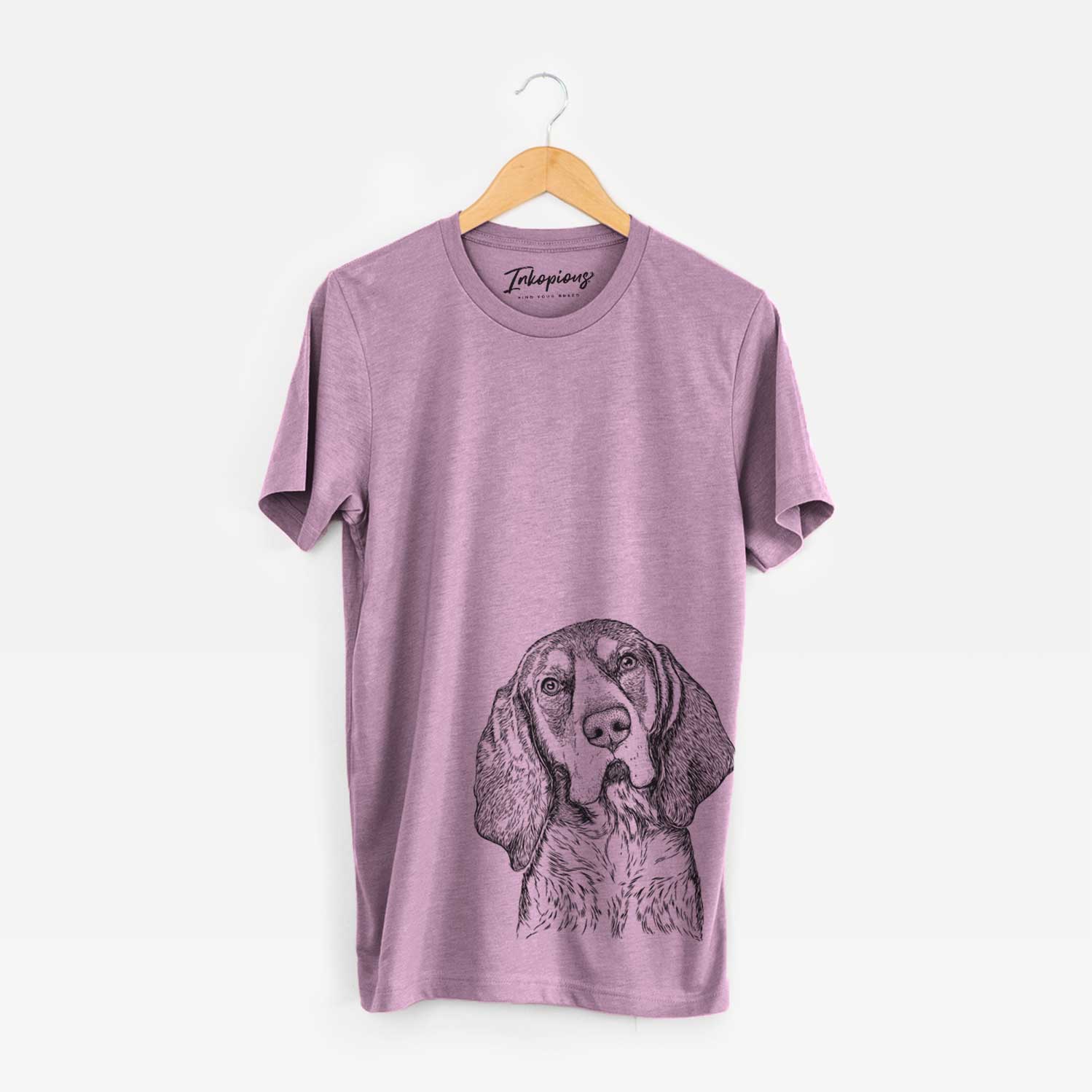 Hand-drawn sketch of Huck the Bluetick Coonhound on an Orchid Unisex crewneck