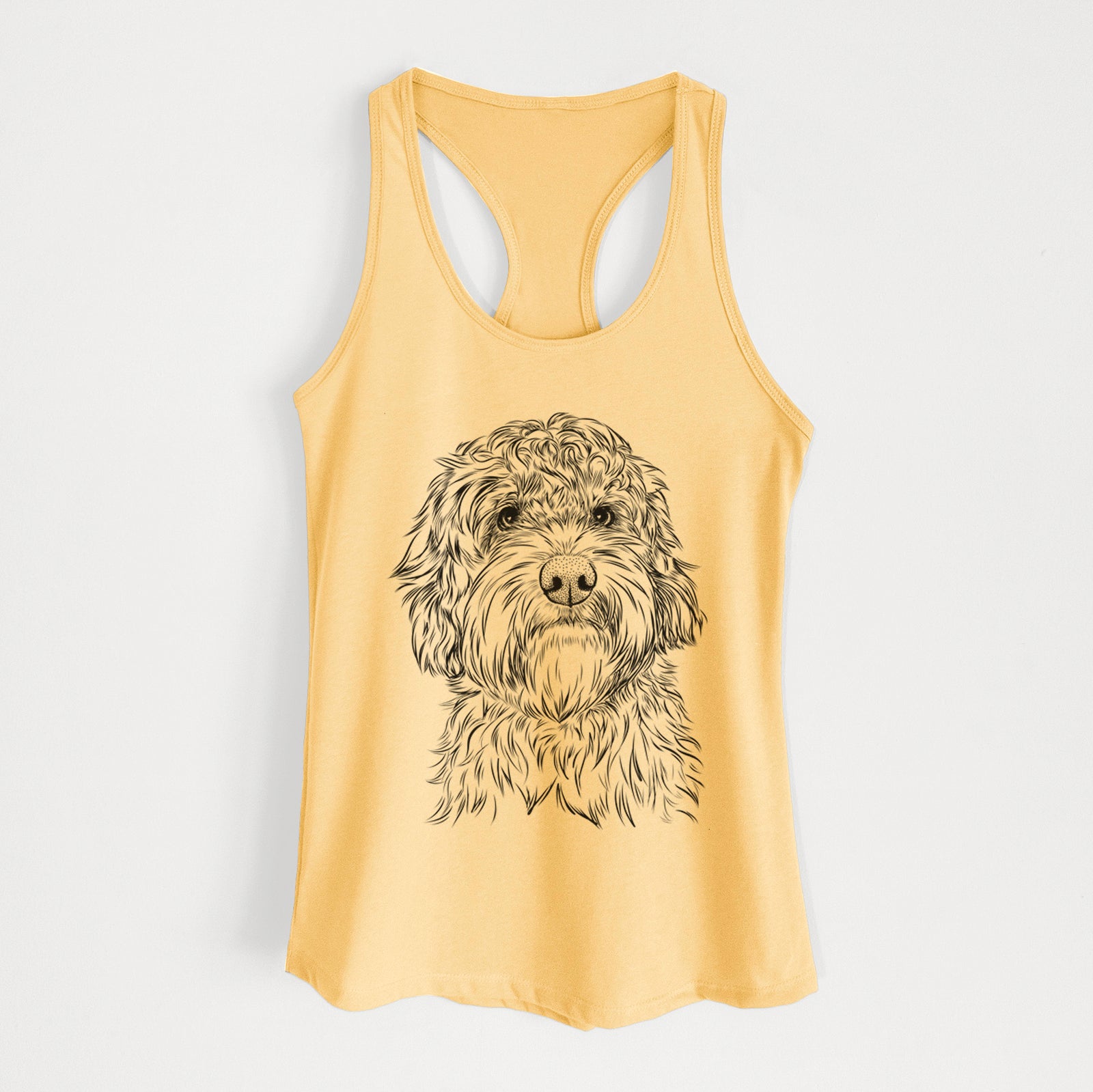 Hand-drawn sketch of Huckleberry the Australian Labradoodle on a Banana Cream Women's racerback tanktop