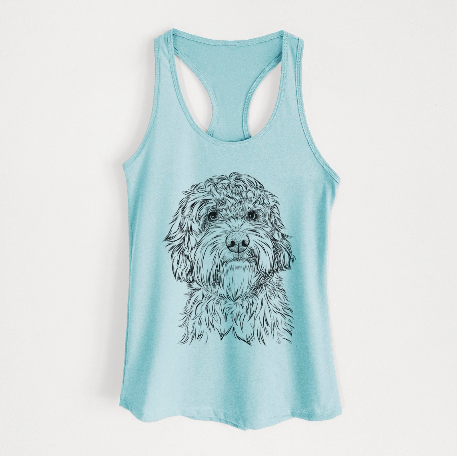 Hand-drawn sketch of Huckleberry the Australian Labradoodle on a Cancun Blue Women's racerback tanktop