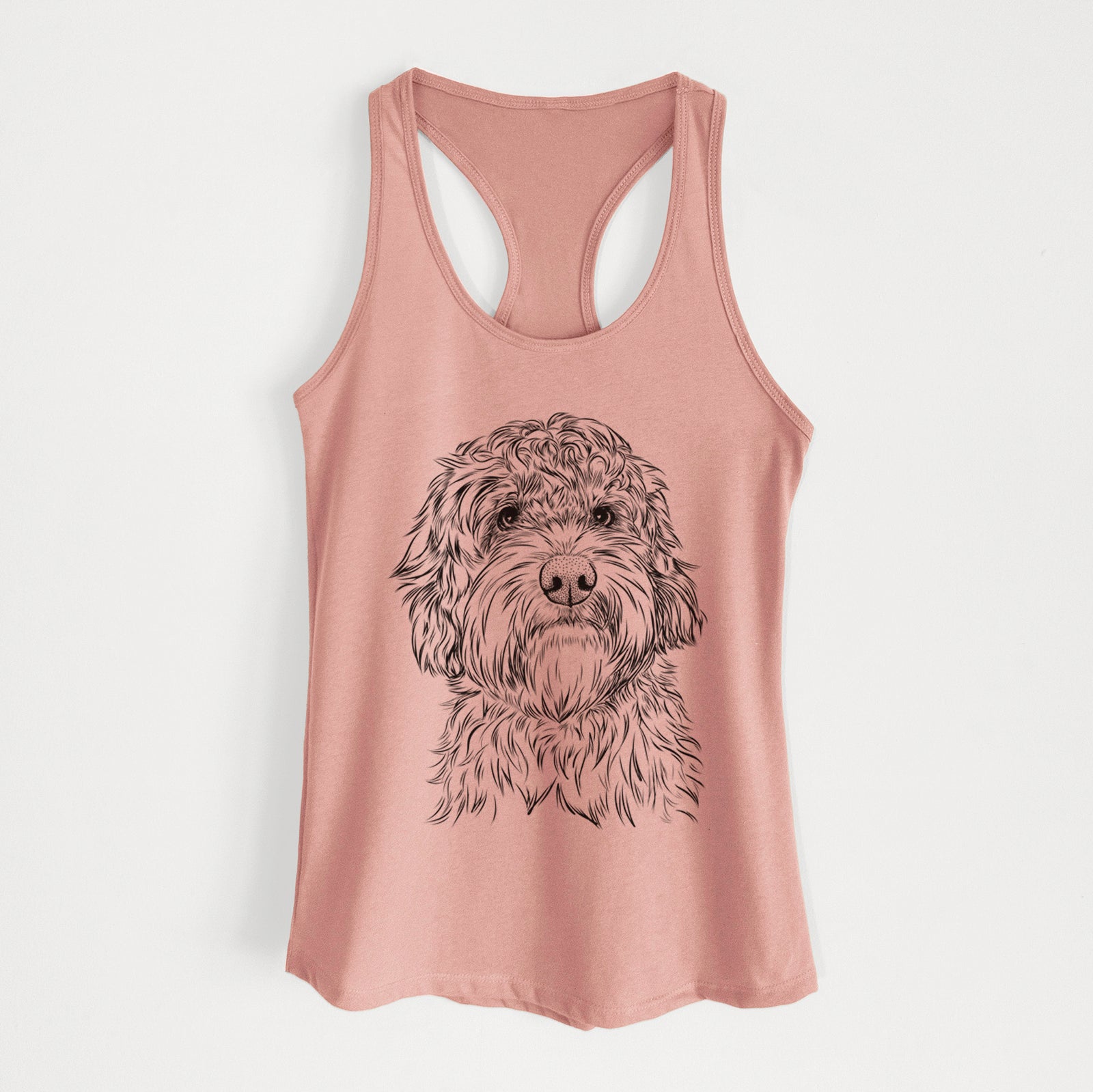 Hand-drawn sketch of Huckleberry the Australian Labradoodle on a Desert Pink Women's racerback tanktop
