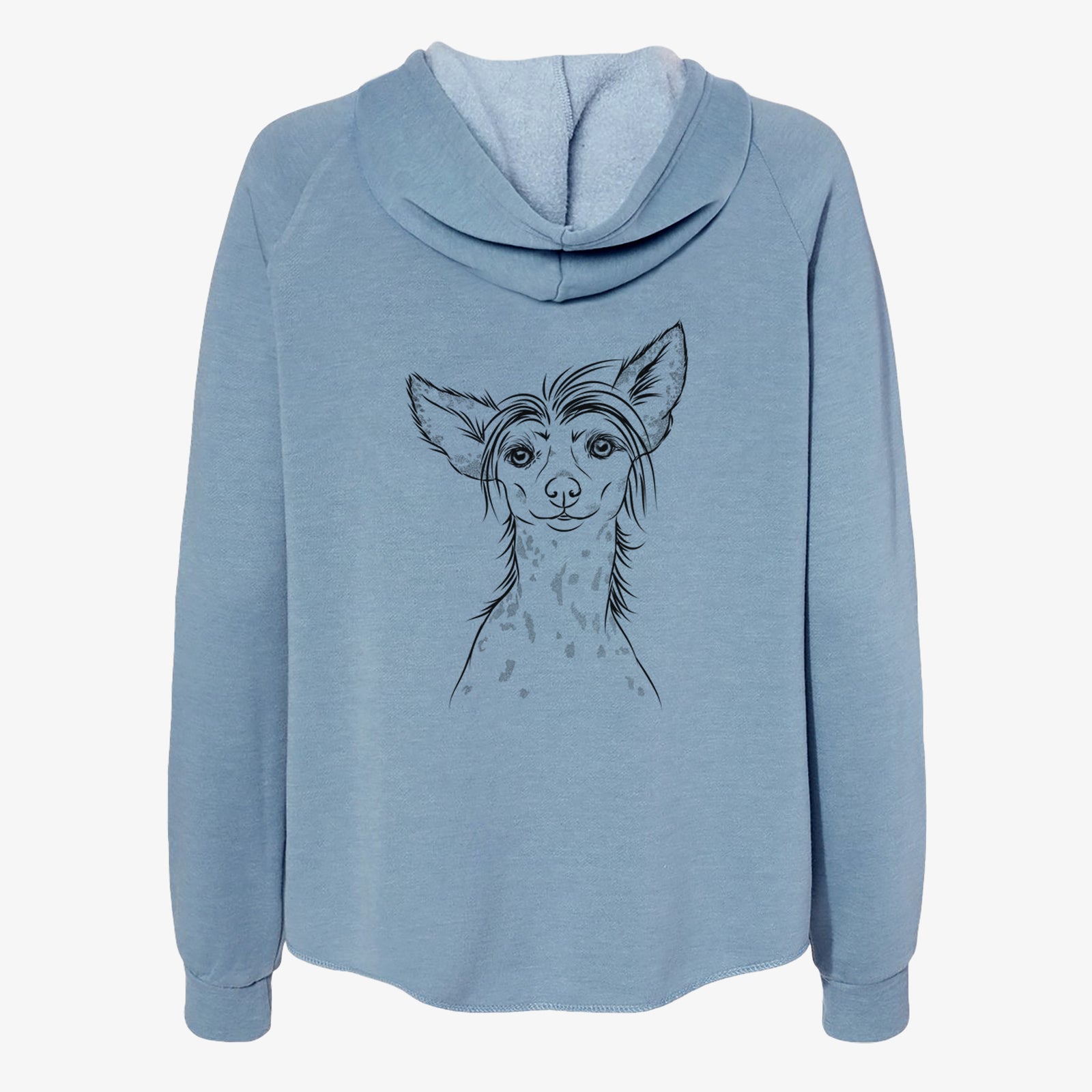 Hand-drawn sketch of Hudson the Chinese Crested on a Misty Blue Women's cali wave zip-up sweatshirt