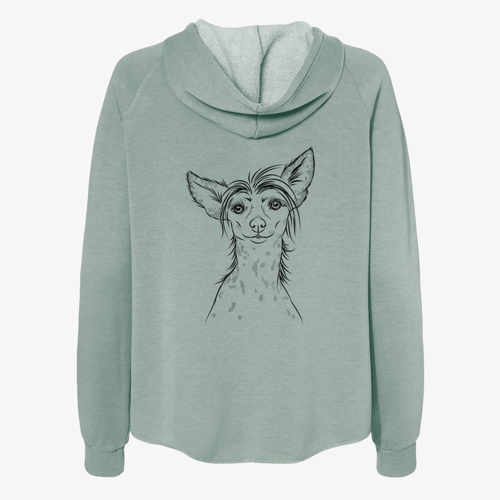 Hand-drawn sketch of Hudson the Chinese Crested on a Sage Women's cali wave zip-up sweatshirt