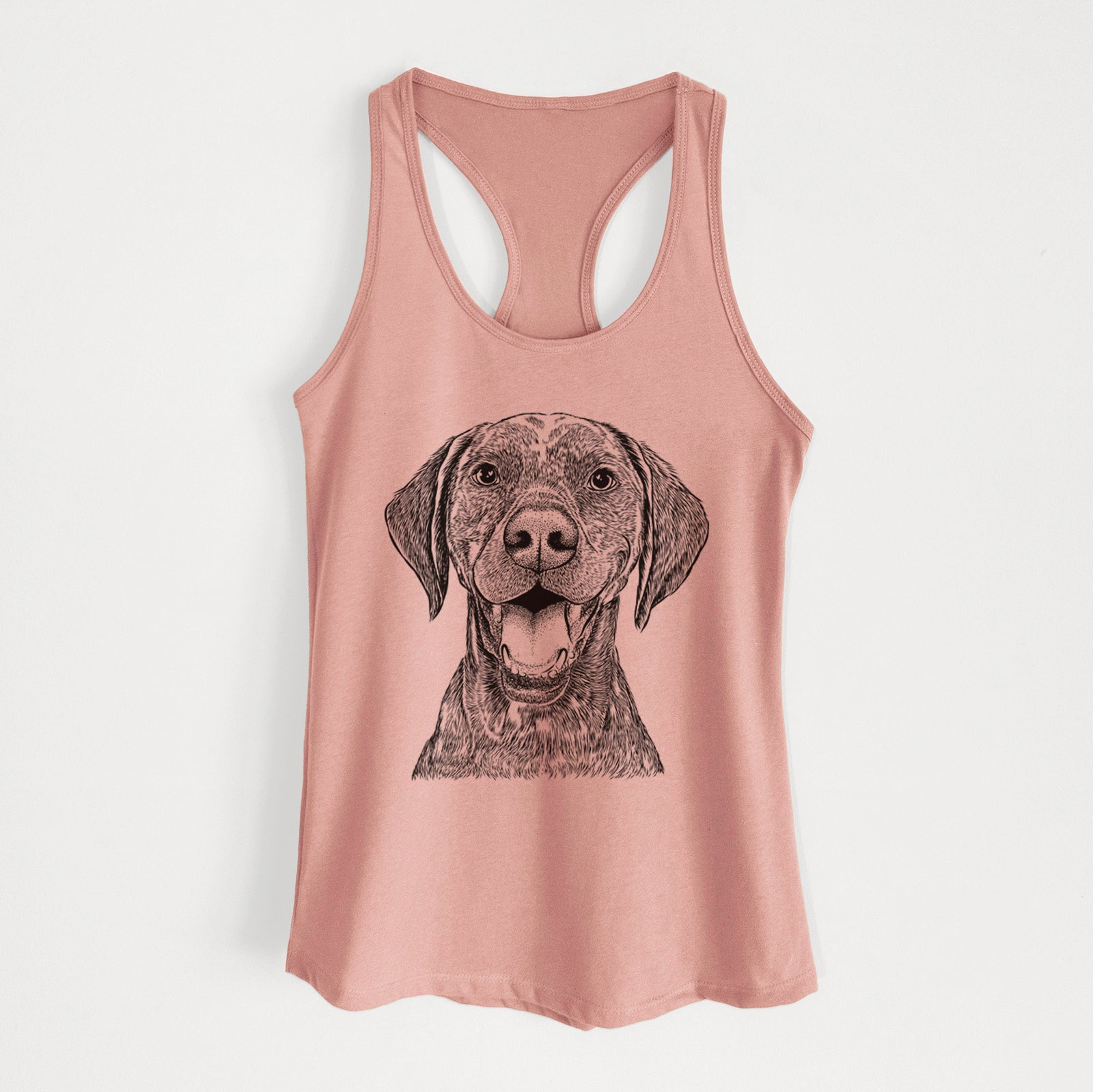 Hand-drawn sketch of Hudson the German Shorthaired Pointer on a Desert Pink Women's racerback tanktop