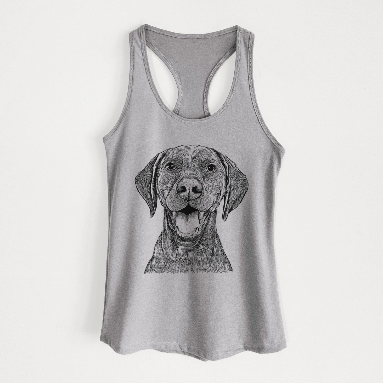 Hand-drawn sketch of Hudson the German Shorthaired Pointer on a Heather Grey Women's racerback tanktop