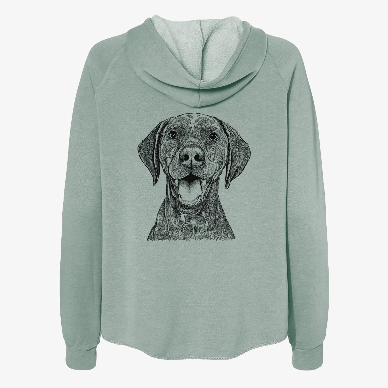 Hand-drawn sketch of Hudson the German Shorthaired Pointer on a Sage Women's cali wave zip-up sweatshirt