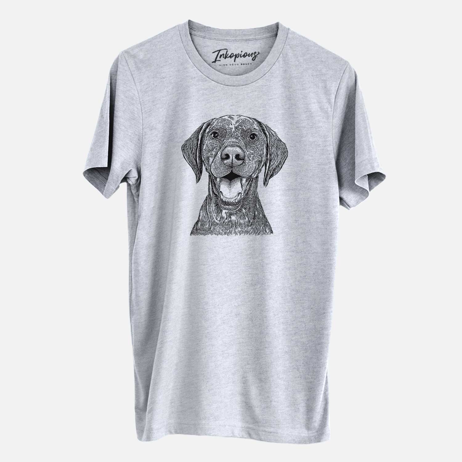 Hand-drawn sketch of Hudson the German Shorthaired Pointer on a Grey Unisex crewneck