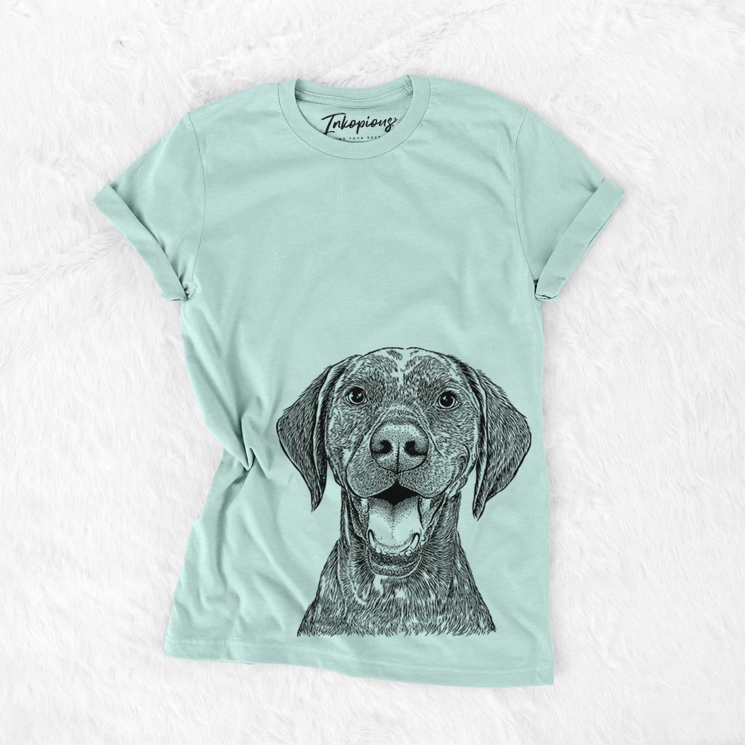 Hand-drawn sketch of Hudson the German Shorthaired Pointer on a Heather Sage Unisex crewneck