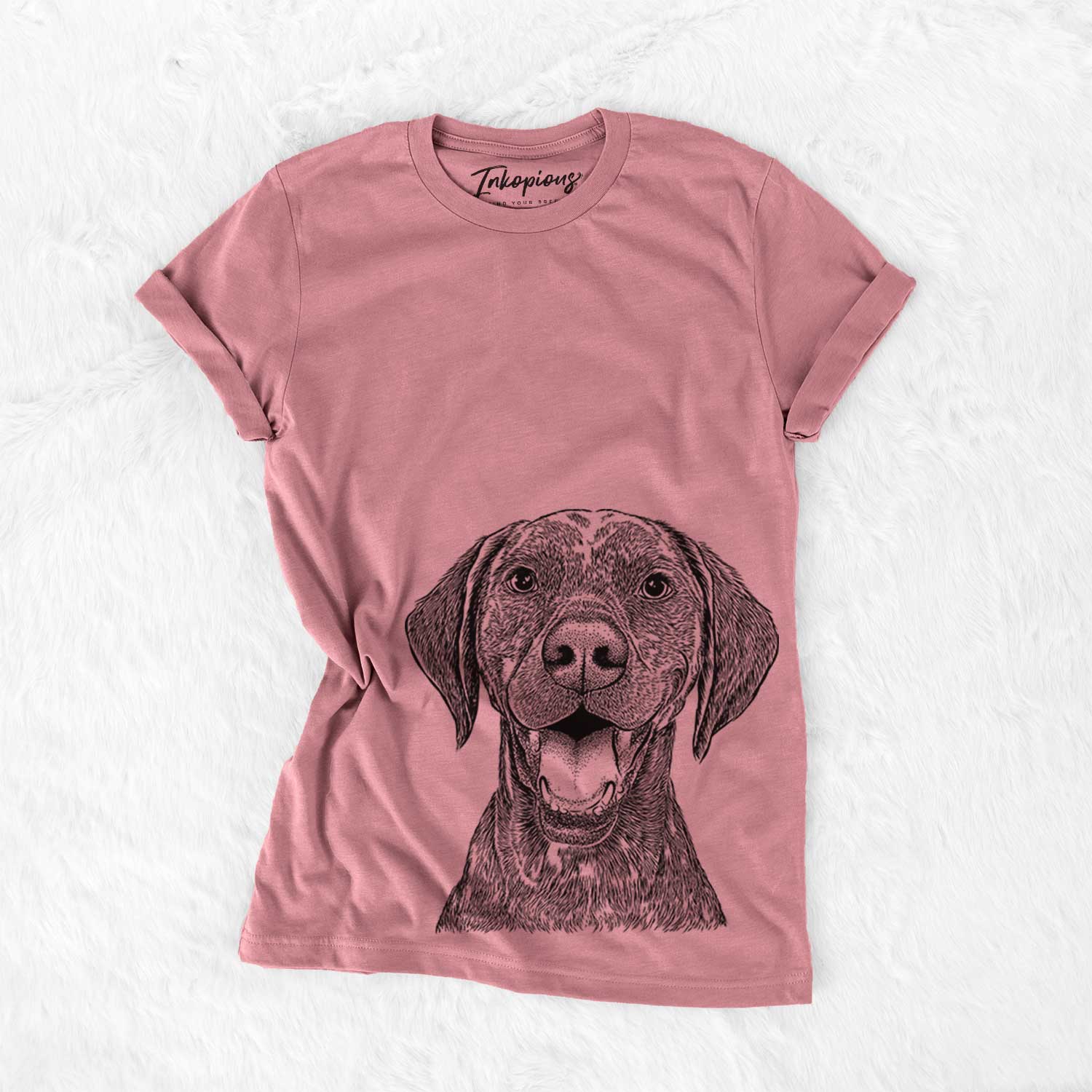 Hand-drawn sketch of Hudson the German Shorthaired Pointer on a Mauve Unisex crewneck