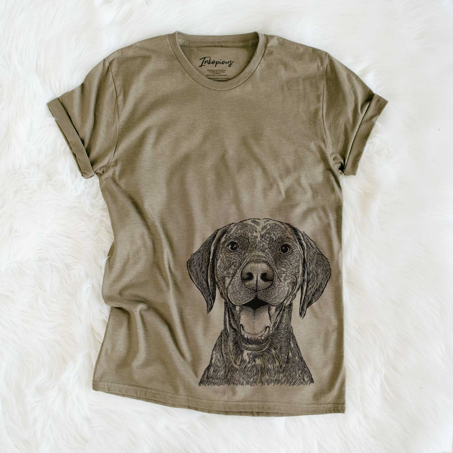 Hand-drawn sketch of Hudson the German Shorthaired Pointer on an Olive Unisex crewneck