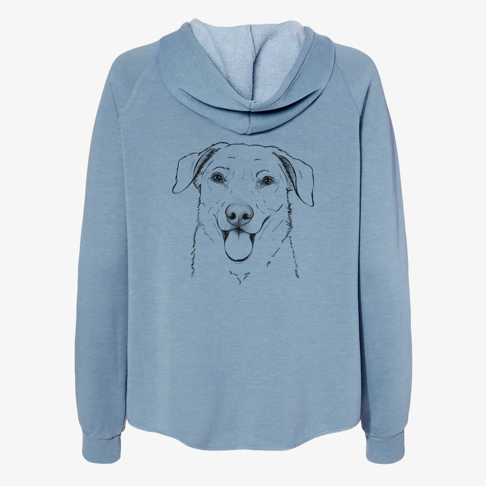 Hand-drawn sketch of Hudson the Shepherd on a Misty Blue Women's cali wave zip-up sweatshirt