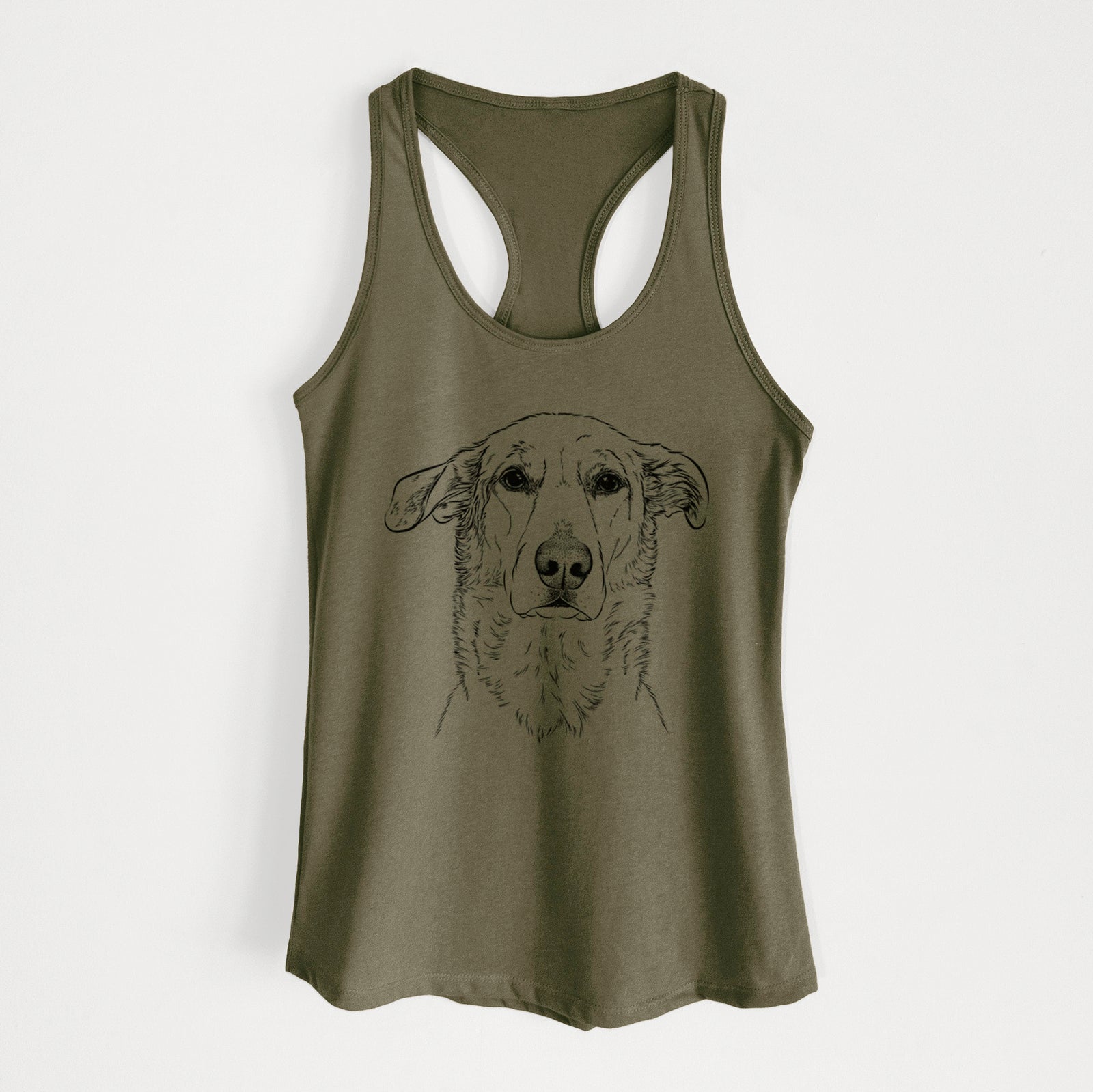 Hand-drawn sketch of Hurricane the Chinook on a Military Green Women's racerback tanktop