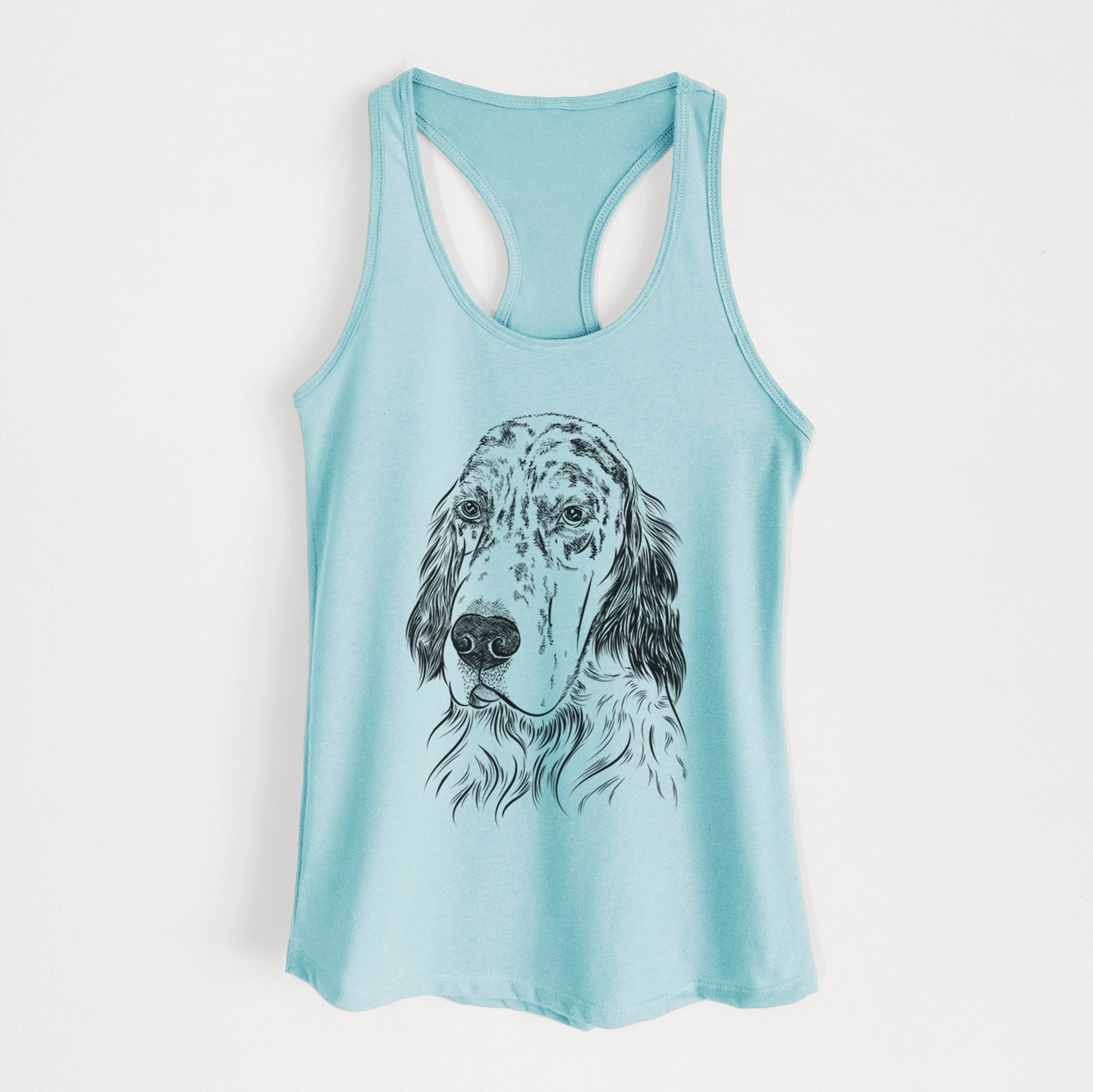 Hand-drawn sketch of Hutch the English Setter on a Cancun Blue Women's racerback tanktop
