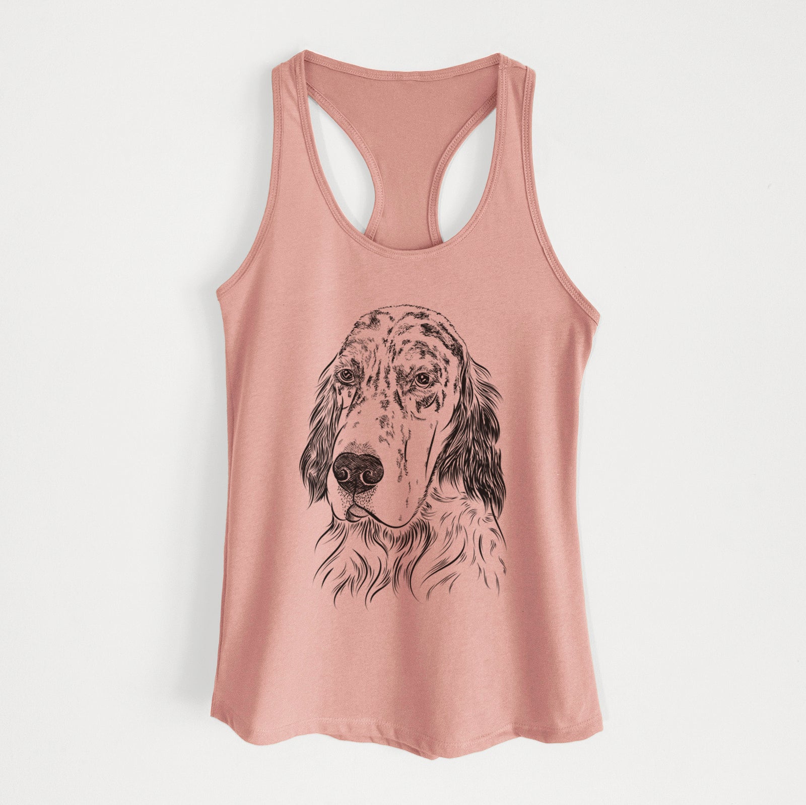Hand-drawn sketch of Hutch the English Setter on a Desert Pink Women's racerback tanktop