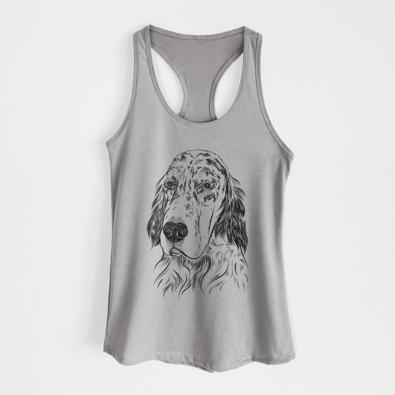 Hand-drawn sketch of Hutch the English Setter on a Heather Grey Women's racerback tanktop