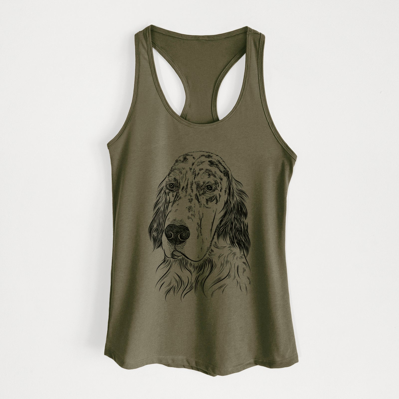 Hand-drawn sketch of Hutch the English Setter on a Military Green Women's racerback tanktop