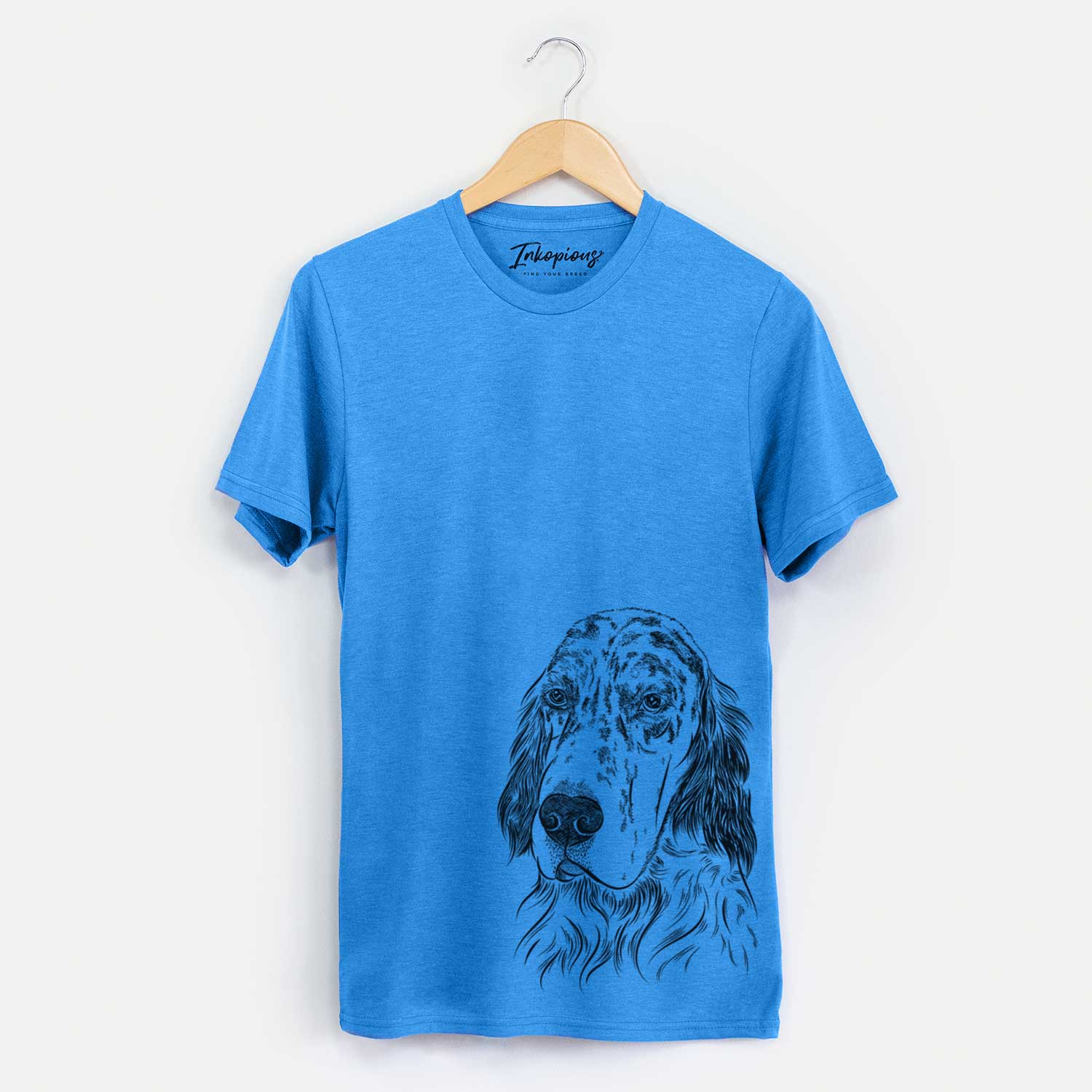 Hand-drawn sketch of Hutch the English Setter on a Blue Unisex crewneck
