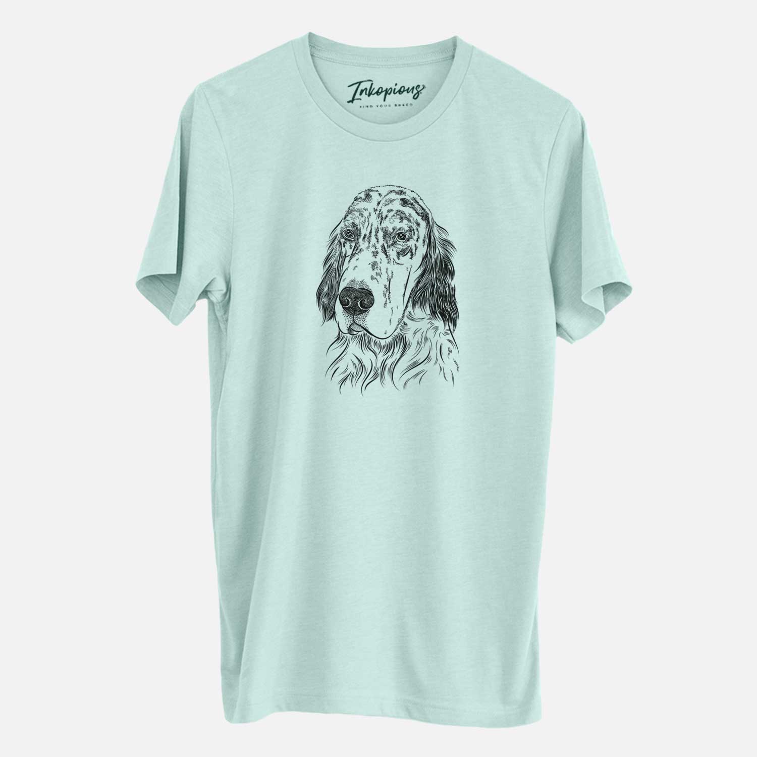 Hand-drawn sketch of Hutch the English Setter on a Heather Sage Unisex crewneck