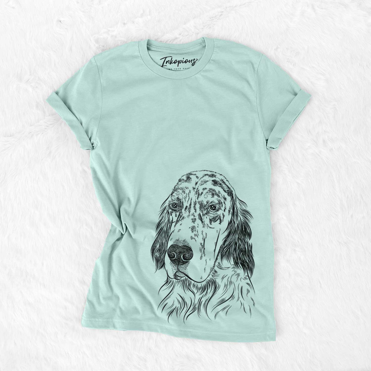 Hand-drawn sketch of Hutch the English Setter on a Heather Sage Unisex crewneck